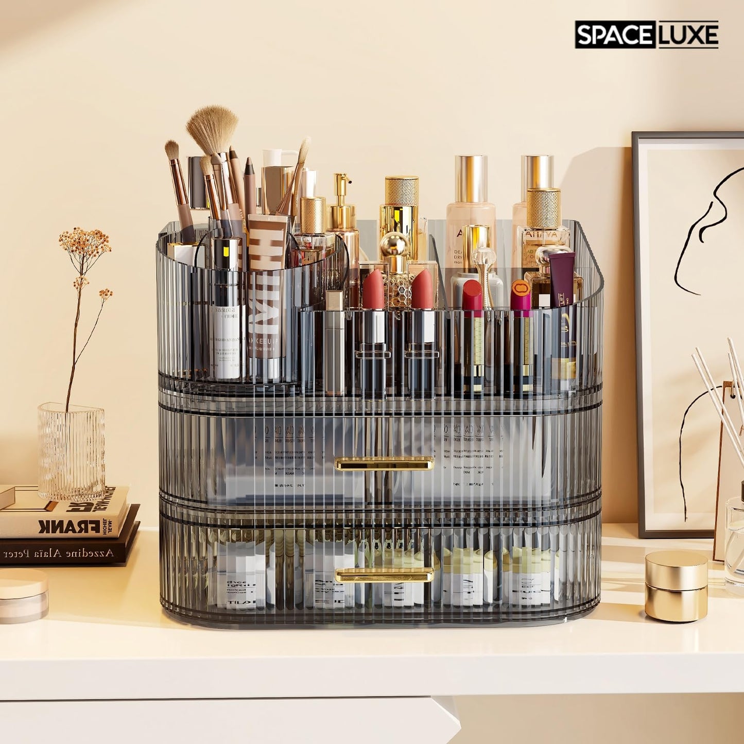 SpaceLuxe Makeup Organizer with Drawers and 360° Rotating Brush Holder, Large Capacity Cosmetic Storage for Vanity, Skincare, Perfume, Hair Accessories, Lipstick & Jewelry (Transparent Gray, 3-layer)