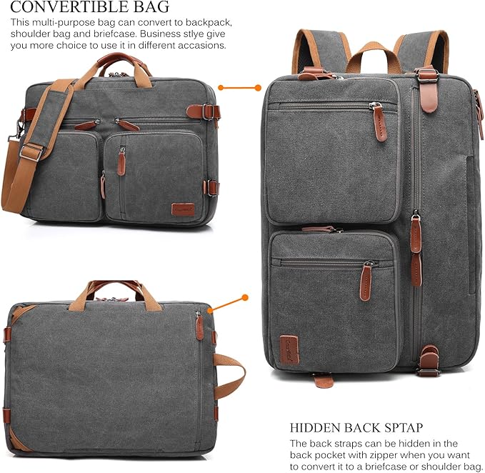 CoolBELL Convertible Backpack Messenger Shoulder Bag Laptop Case Business Briefcase Multi-Functional Travel Handbag Fits 17.3 Inch Laptop for Men/Women (Canvas Dark Grey)