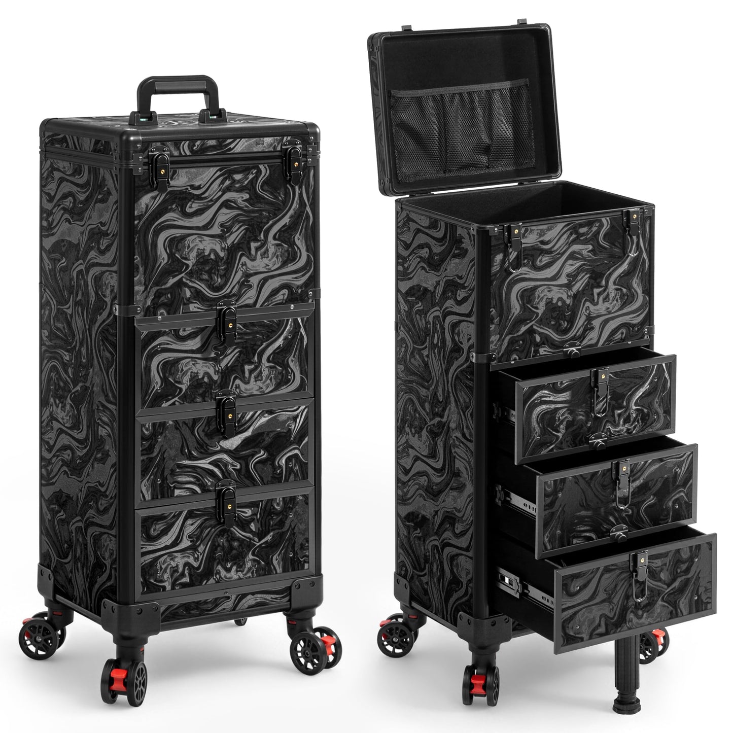 JINGUAN Rolling Makeup Train Case with 3 Drawers, Nail Trolley Cart Salon Station Cosmetology Case on Wheels Organizer Cases for Nail Tech,SPA,Face Painting,Hairstylist,Makeup Artist (Ink Black)