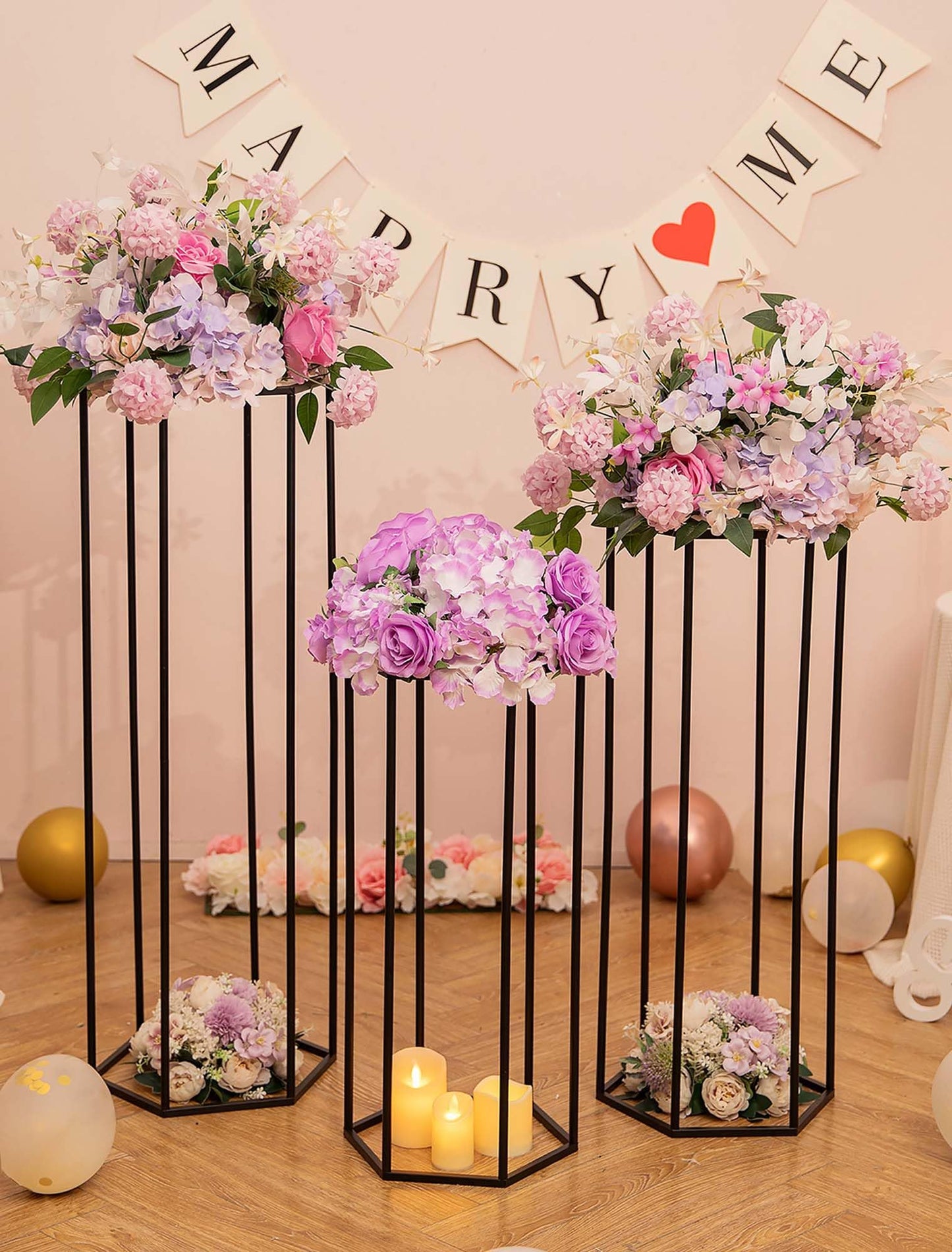 Inweder Black Hexagon Pedestal Stands with White Flower Ball for Party