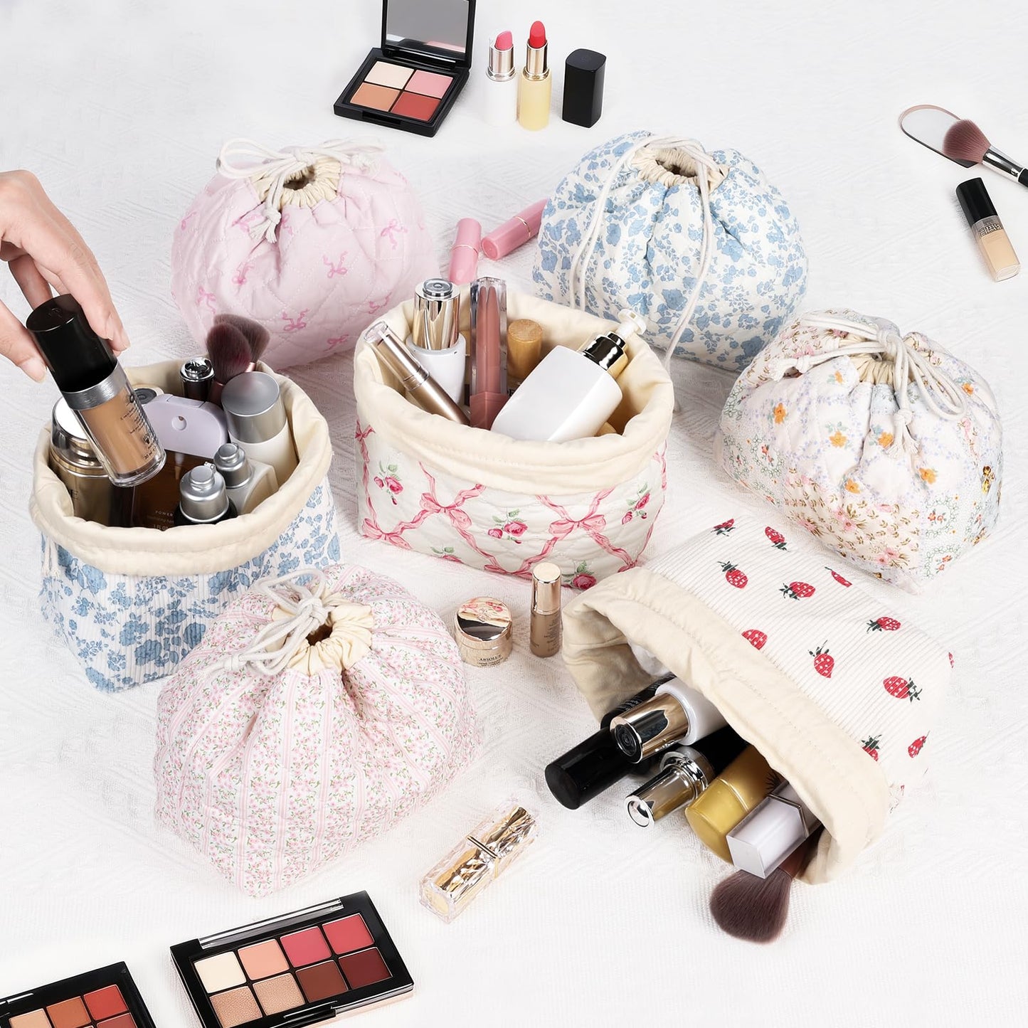 Playexen Corduroy Drawstring Makeup Bag, Coquette Small Cosmetic Bag for Purse, Portable Cute Travel Makeup Pouch for Women Daily Use, Birthday/Party/Christmas Gifts (Strawberry)