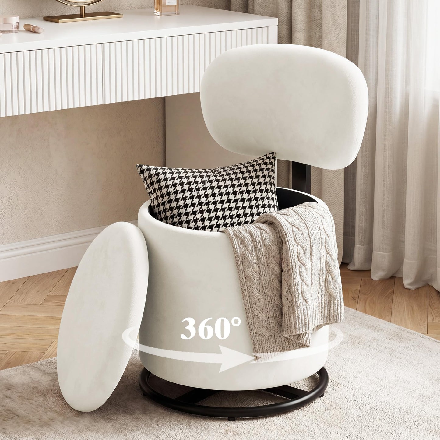 LIVELYGLOW White Velvet Swivel Vanity Chair with Storage Makeup Stool