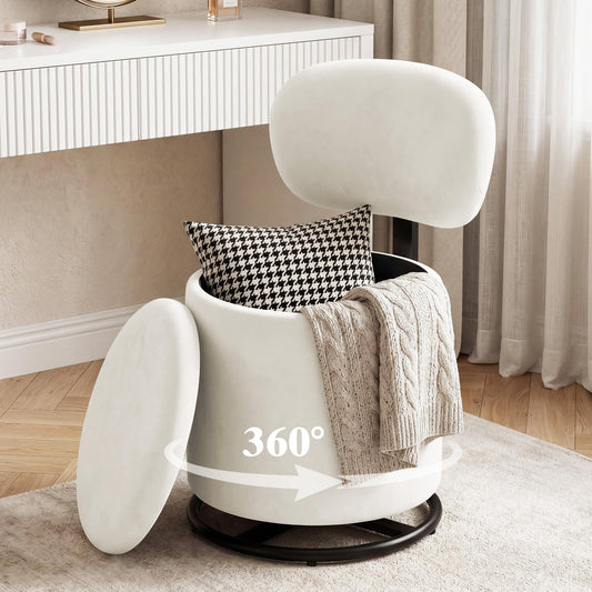 LIVELYGLOW White Velvet Swivel Vanity Chair with Storage Makeup Stool