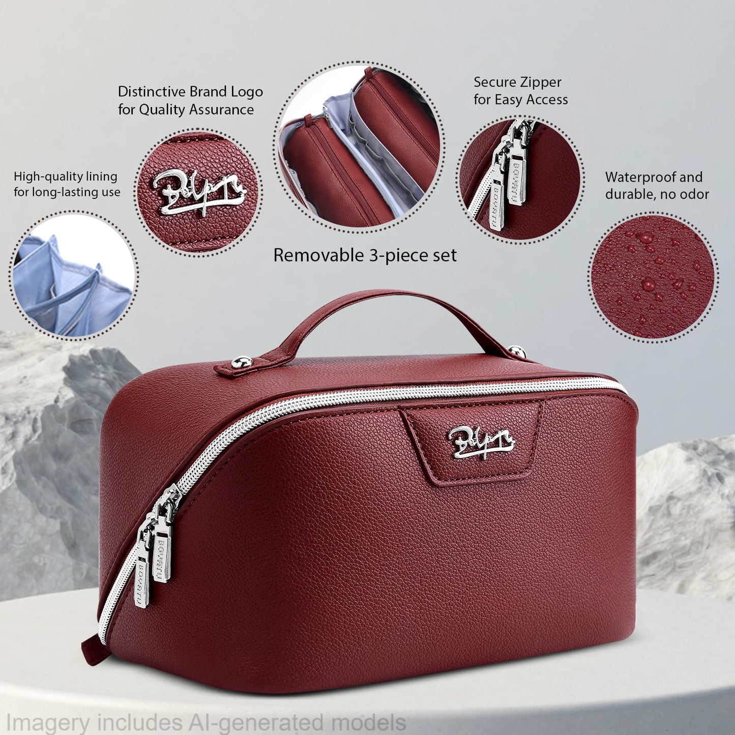 BOYATU Travel Makeup Bag Cosmetic Bags for Women: Large Capacity 3 Pcs Set Make up Bag with Compartments - Waterproof Vegan Leather Toiletry Organizer Bags with Handle (L29Red)