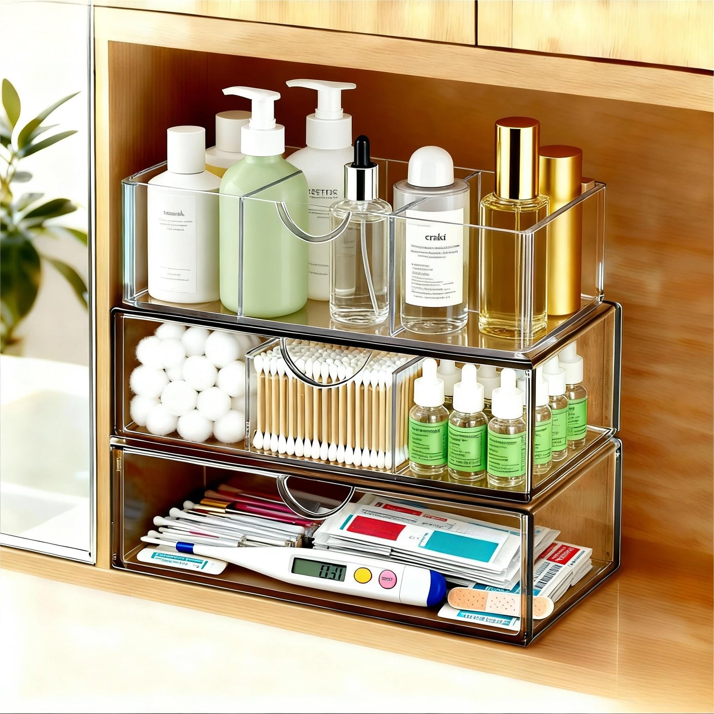EAROND Medicine Cabinet Organizer with Removable Dividers, 3-Tier Stackable Drawer Storage for Bathroom, RV, Vanity, Countertop & Desk
