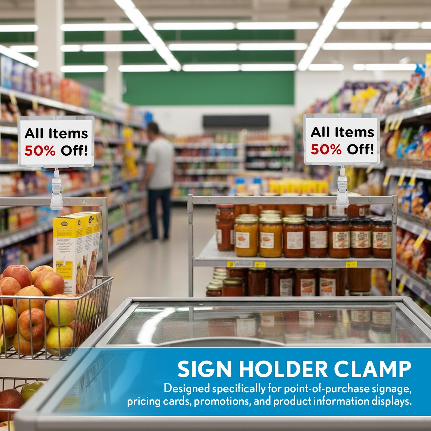 Clip Strip Rotating Clip on Sign Holder, 5 Pack Retail Display Sign Holders with 360° Swivelable Clamp, POP Rotating Sign Clip w/ Clear Print Protector Sleeve Fits Signs 5.5" W x 3.5" H, Clip on Racks, Rails, Tubes, or Merchandise