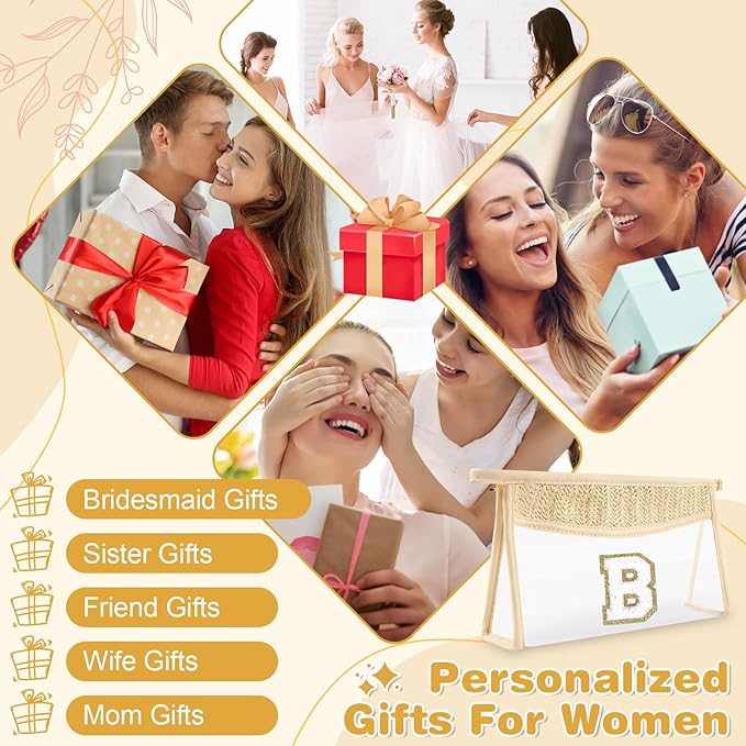 Personalized Initial Letter Bag Boho Straw Clear Makeup Bag,Small Cute Chenille Varsity Letter Bag With Zipper,Beach Travel Toiletry Bag,Portable Monogrammed Cosmetic Bag for Women Girls,B