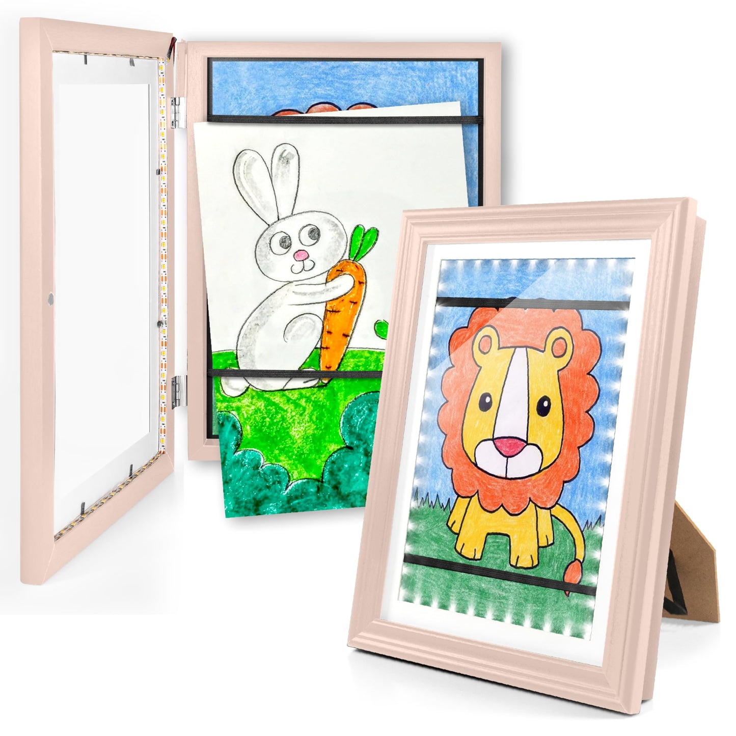KOTNYX LED Light Kids Artwork Frame - Front Opening Kids Art Display Picture Frame, Holds 100 Pictures, MDF & Shatter-Resistant Glass, Standing Frame/Wall Hanging,13.3x10, Mat 11.6x8.3 - Peach