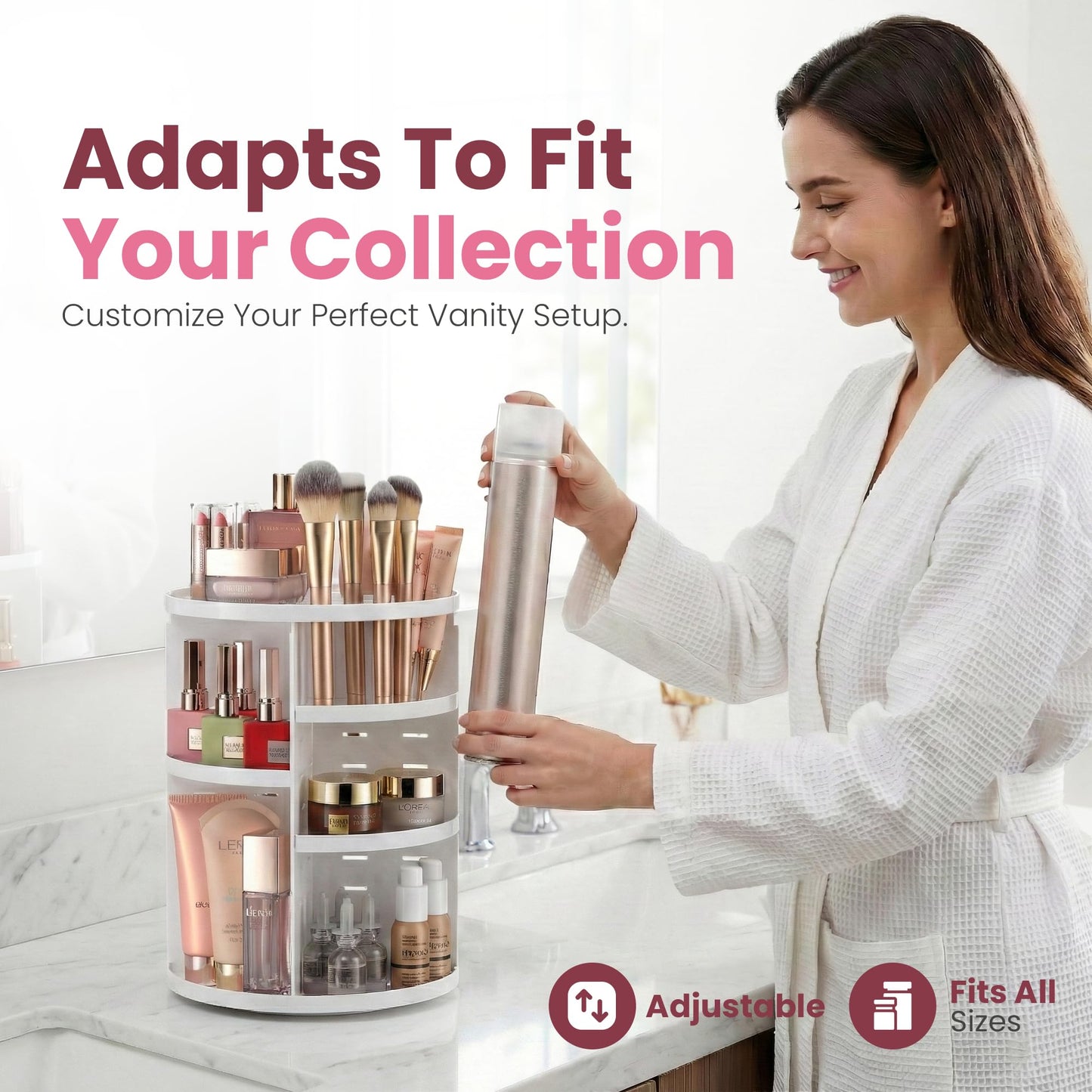 Masirs 360 Rotating Makeup Organizer for Vanity, Adjustable Shelf Height, Large Capacity Cosmetic and Skincare Storage, Lazy Susan Perfume Organizer for Dresser, Bathroom Countertop, White