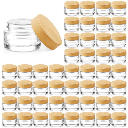 Bumobum 48 Pcs 5 Grams Glass Cosmetic Jars with Plastic Wood-Grain Lids, 5 ml Lip Balm Containers Empty Tiny Sample Jars for Lip Scrub Makeup Eye Cream Travel