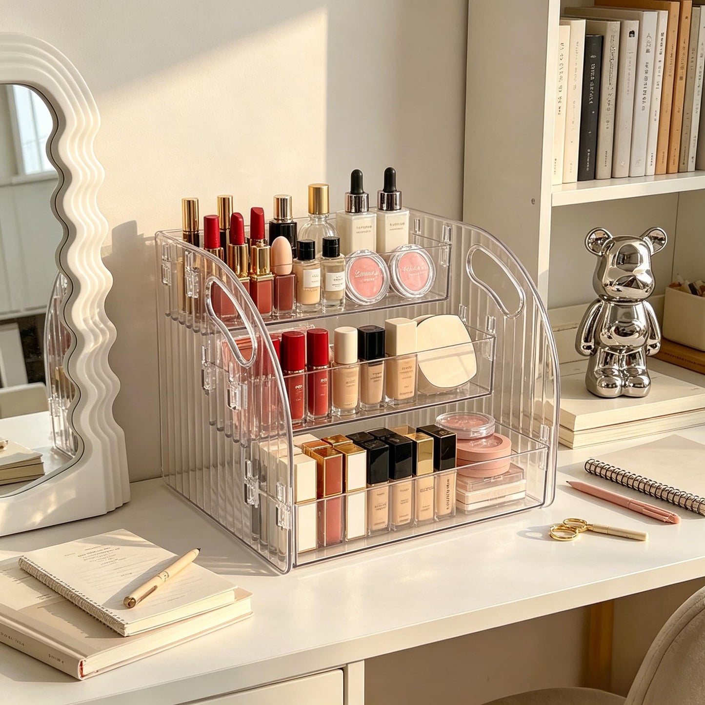 CozyWeave 3-Tier Wide Acrylic Display Stand Transparent Acrylic Display Shelf Organizer Makeup Rack for Cosmetics,Nail Polish,Perfume,Cupcakes, and Candy; Vanity Display Cabinet