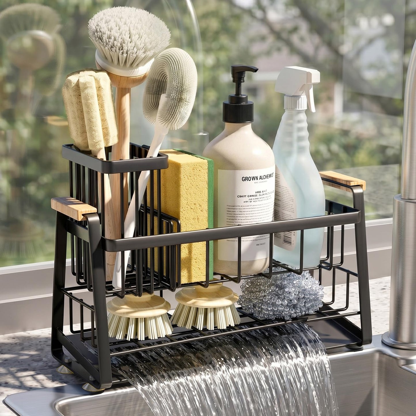 Housolution Sink Caddy Organizer, 2-Tier Sponge Holder for Kitchen Sink with Flexible High Brush Holder, Kitchen Countertop Storage Accessories, Soap Dispenser Organizer, Rustproof