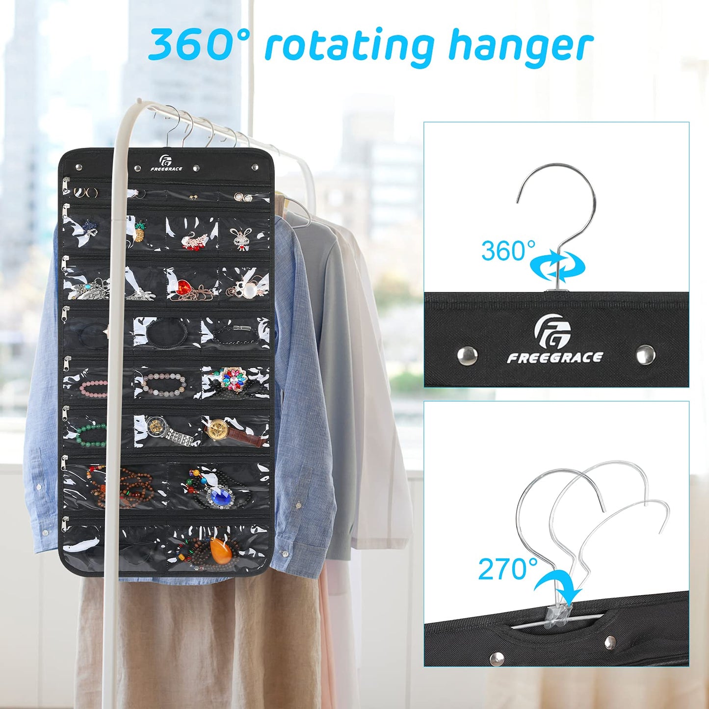 Freegrace Hanging Jewelry Organizer with Secure Zipper Closure - 360° Revolving Hanger, 25 Clear Pockets, 23 Necklace Hooks - Foldable Travel Storage & Closet Display (Black)