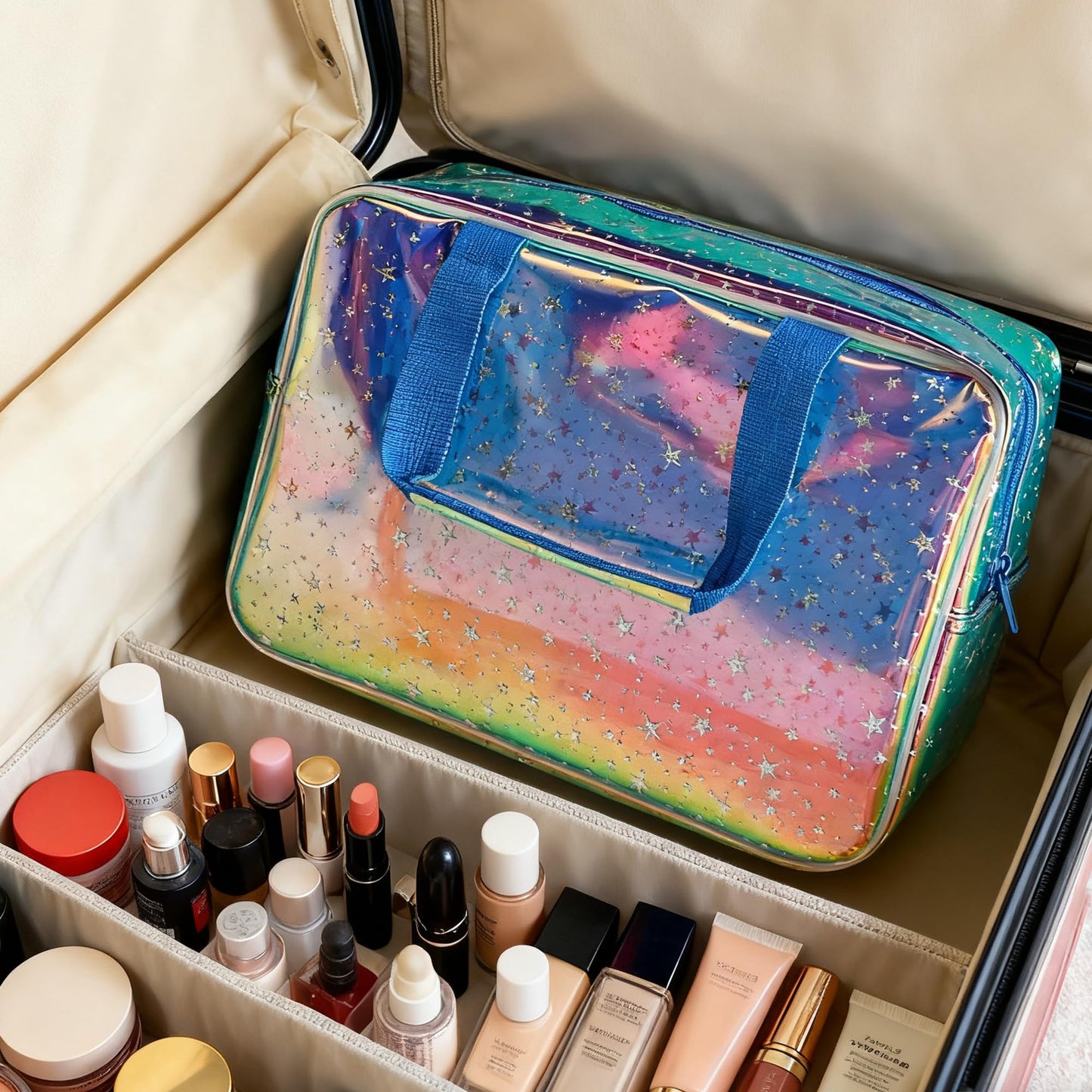 TotePrint Holographic Blue Clear Star Large Cosmetic Bag and TPU Travel Pouch with Handle,Durable Material,Zipper Design-Ideal for Makeup,Travel Essentials (Holographic Blue+Star)