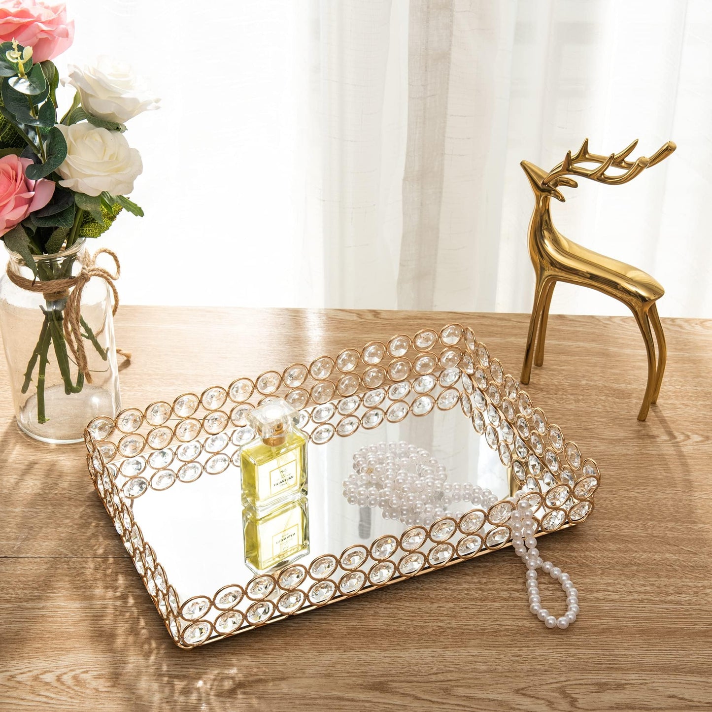 Feyarl Mirrored Crystal Vanity Makeup Tray Ornate Jewelry Trinket Organizer Cosmetic Perfume Bottle Decorative Tray Home Deco Dresser Skin Care Storage (Rectangle 12" x 8")