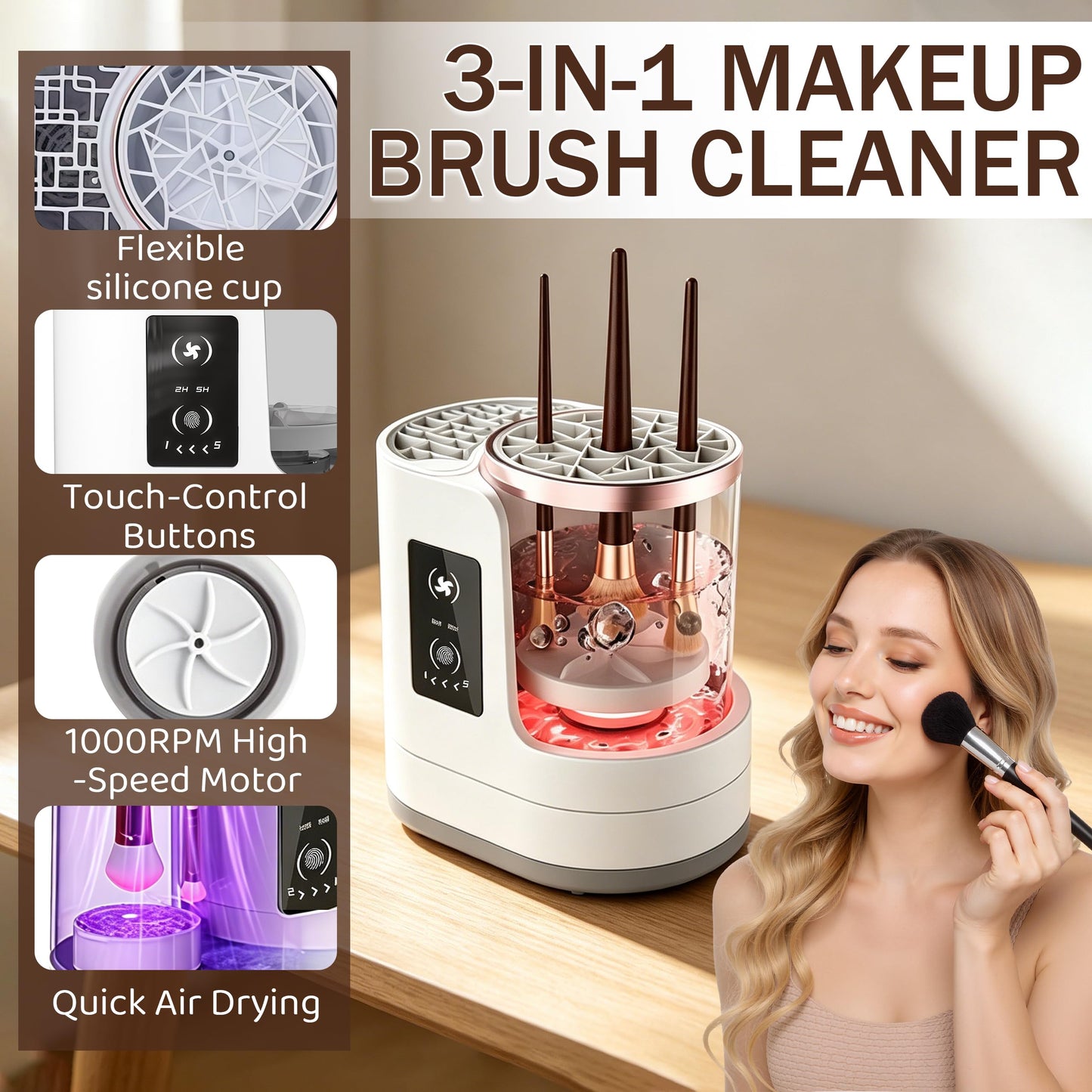 2026 Upgrade 3 in 1 Electric Makeup Brush Cleaner, Automatic Makeup Brush Cleaner Machine with Adjustable 2h/5h Dryer-Holder, Makeup Brush Washer and Dryer for All Brush Sizes, Plug in Design (A)