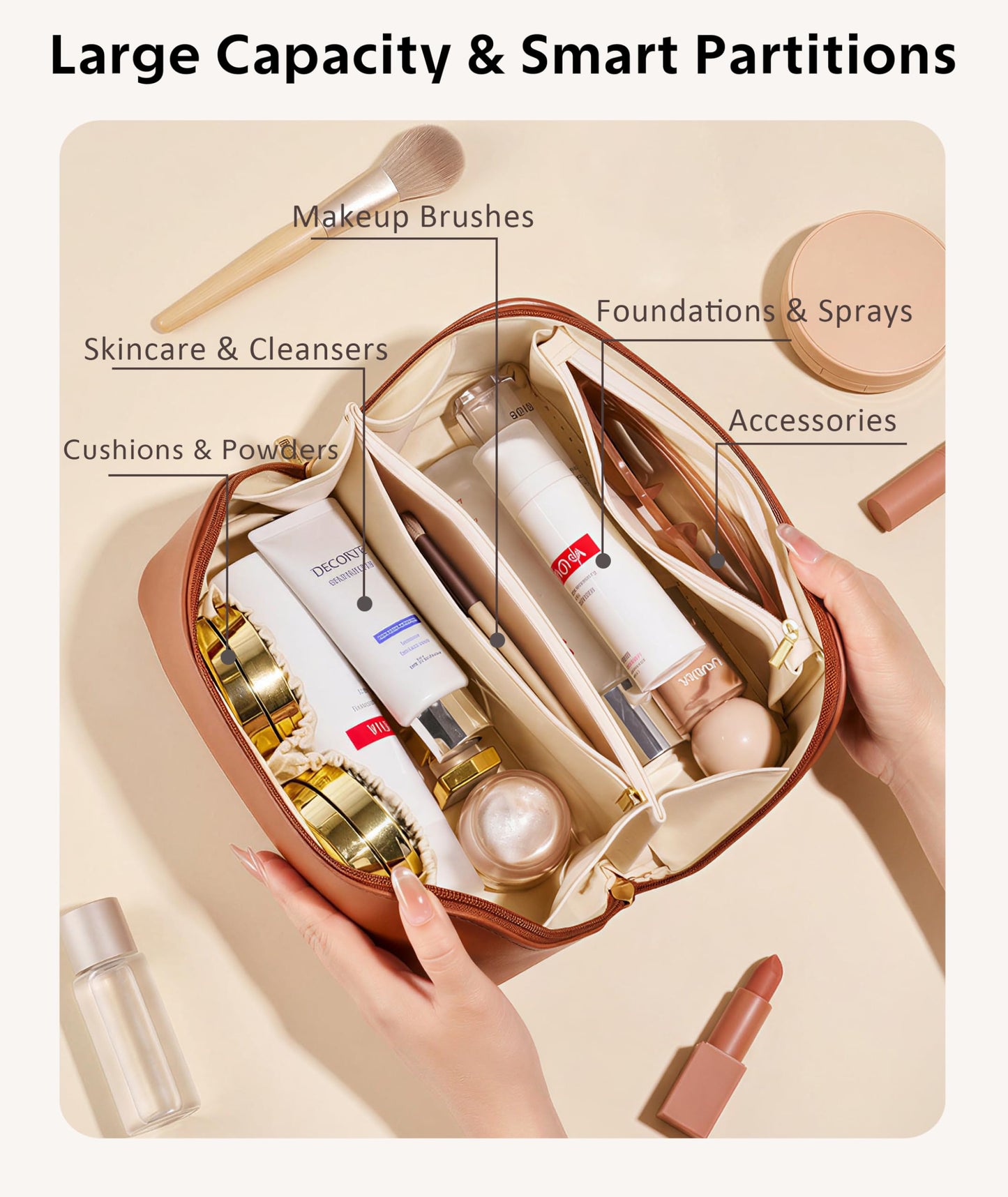 ALEXTINA Travel Makeup Bag Organizer for Women, Large Capacity Cosmetic Make up Bag with 180° Open-Flat Design & Collapsible Handle, Waterproof Vegan Leather Toiletry Bag for Travel Essentials, Brown