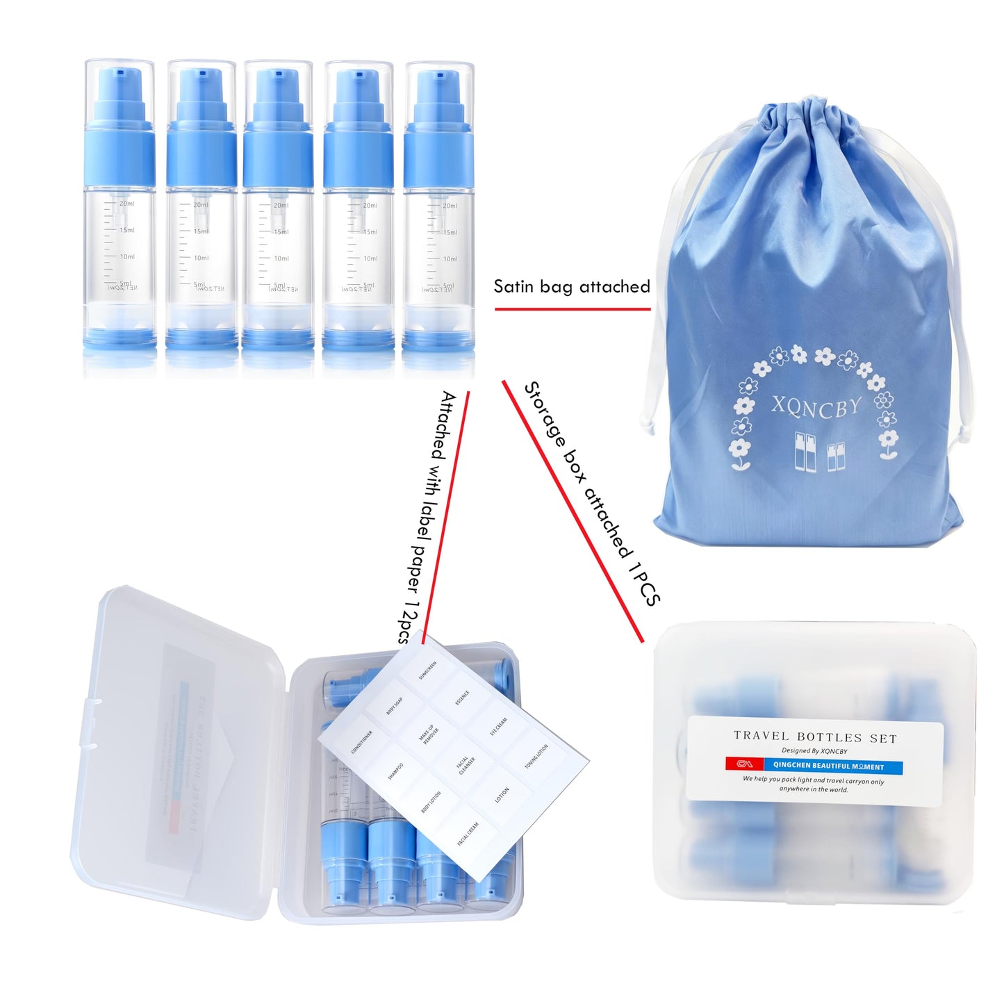 XQNCBY 0.7oz/20ml Travel Airless Pump Bottles, 5 Pack Refillable Vacuum Cosmetic Containers with Clear Organizer Case & Labels, Small Lotion Dispenser Bottles for Skincare, Toiletries & Cosmetics