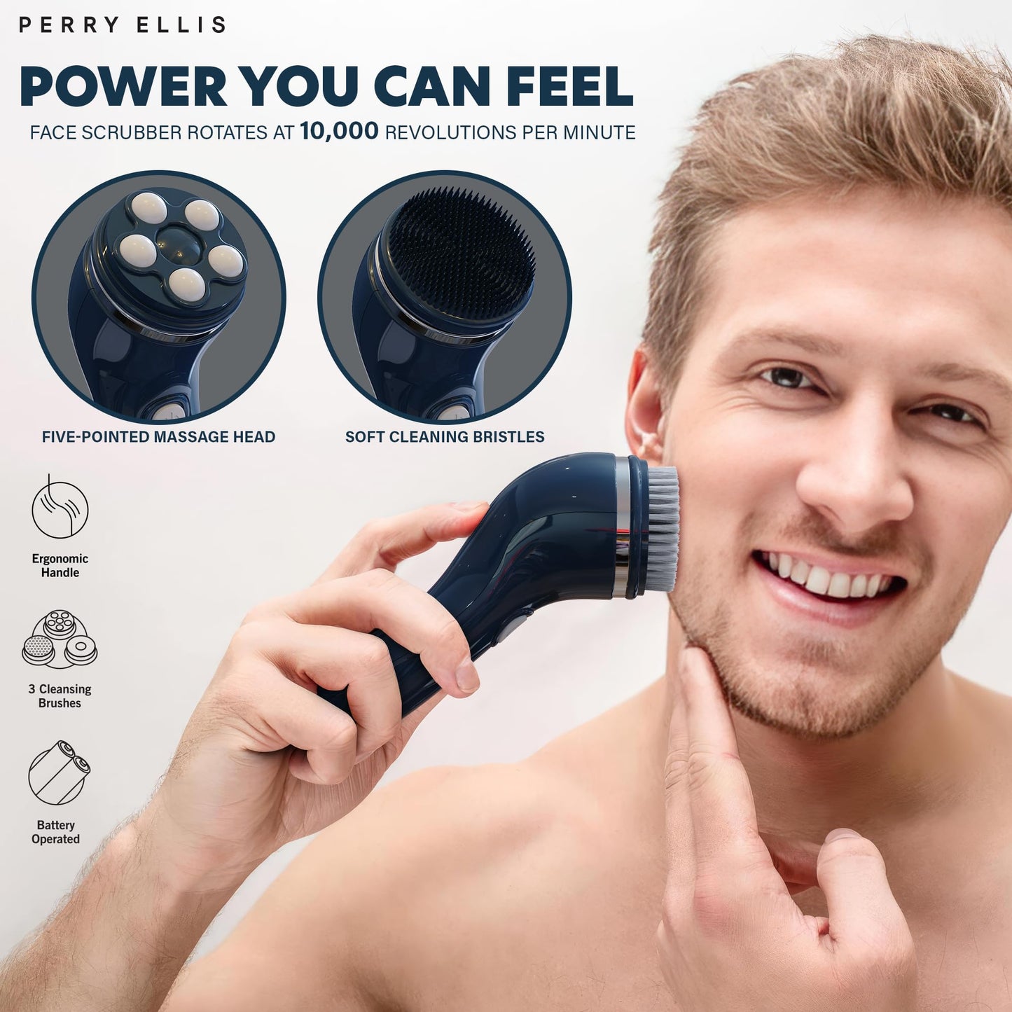 Perry Ellis 4-in-1 Cordless Massage and Cleansing Set with 4 Brush Heads, Exfoliating Face Scrubber with Massager, Rotating Scrub Brush, Facial Skincare Products, Carrying Case for Travel Included