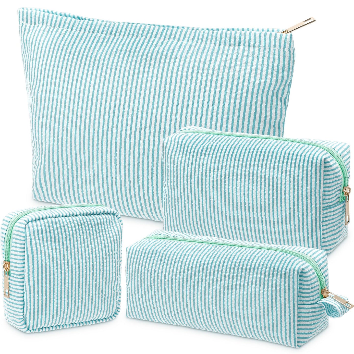 Sanwuta 4 Pcs Seersucker Pouch Cosmetic Bag Set Seersucker Makeup Bag Women Stripe Large Travel Toiletry Organizer Aesthetic Preppy Storage for Embroidery Women Bridesmaid Gifts(Light Blue)