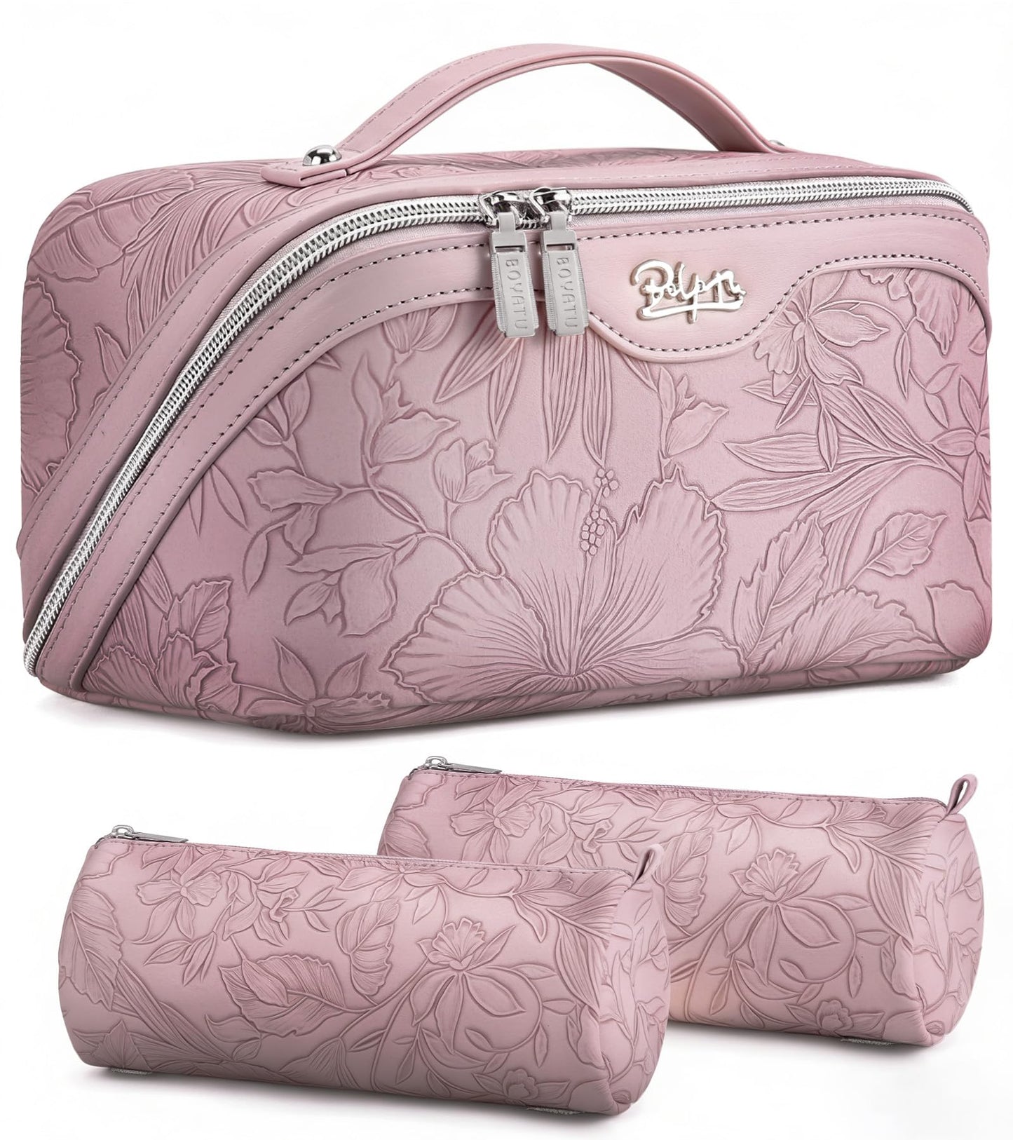 BOYATU Travel Makeup Bags Cosmetic Organizer Bag: 3-Set Large Capacity Make up Bag - PU Leather Toiletry Bags for Women - Wide Open Portable Pouch with Divider & Handle (01-Z-Light Purple)