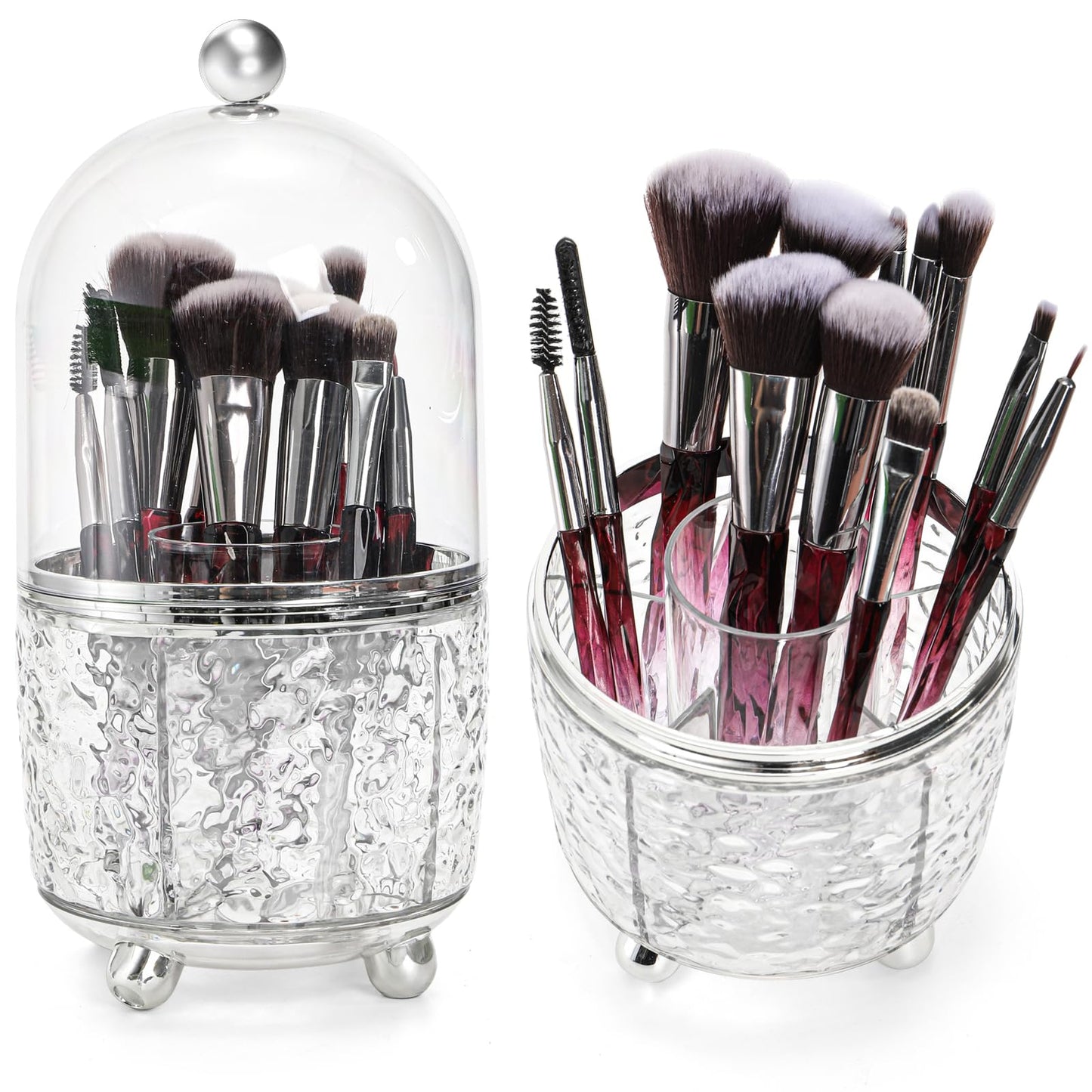 Eorbow Rotating Makeup Brush Holder, Dustproof Cosmetic Tools Organizer with Lid, 360° Spinning Covered Brushes Storage with Anti-slip Pads for Vanity, Bathroom Countertop & Bedside Table, Clear