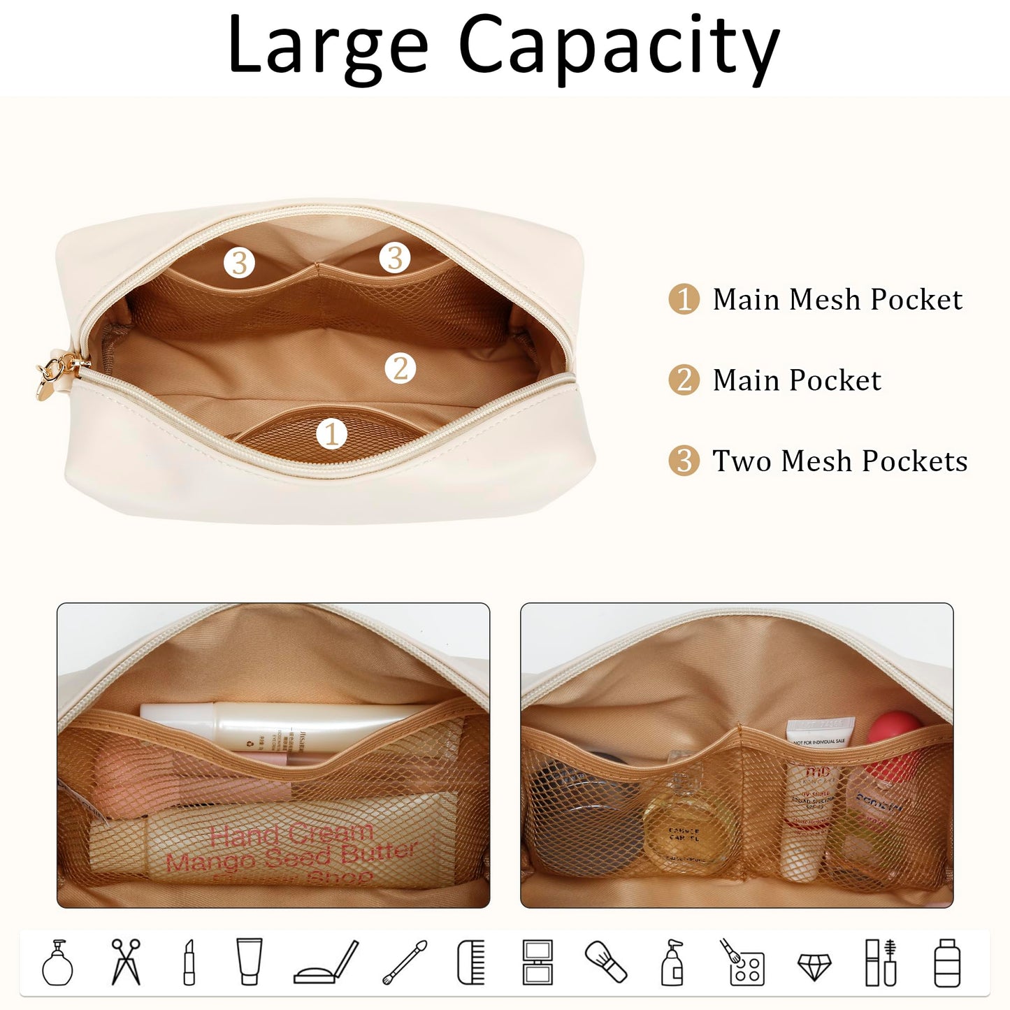 CLOUDWINGS Gifts for Women Bridesmaid Gifts Personalized Initial Makeup Bag PU Leather Cosmetic Waterproof Travel Toiletry Bag (Beige K)