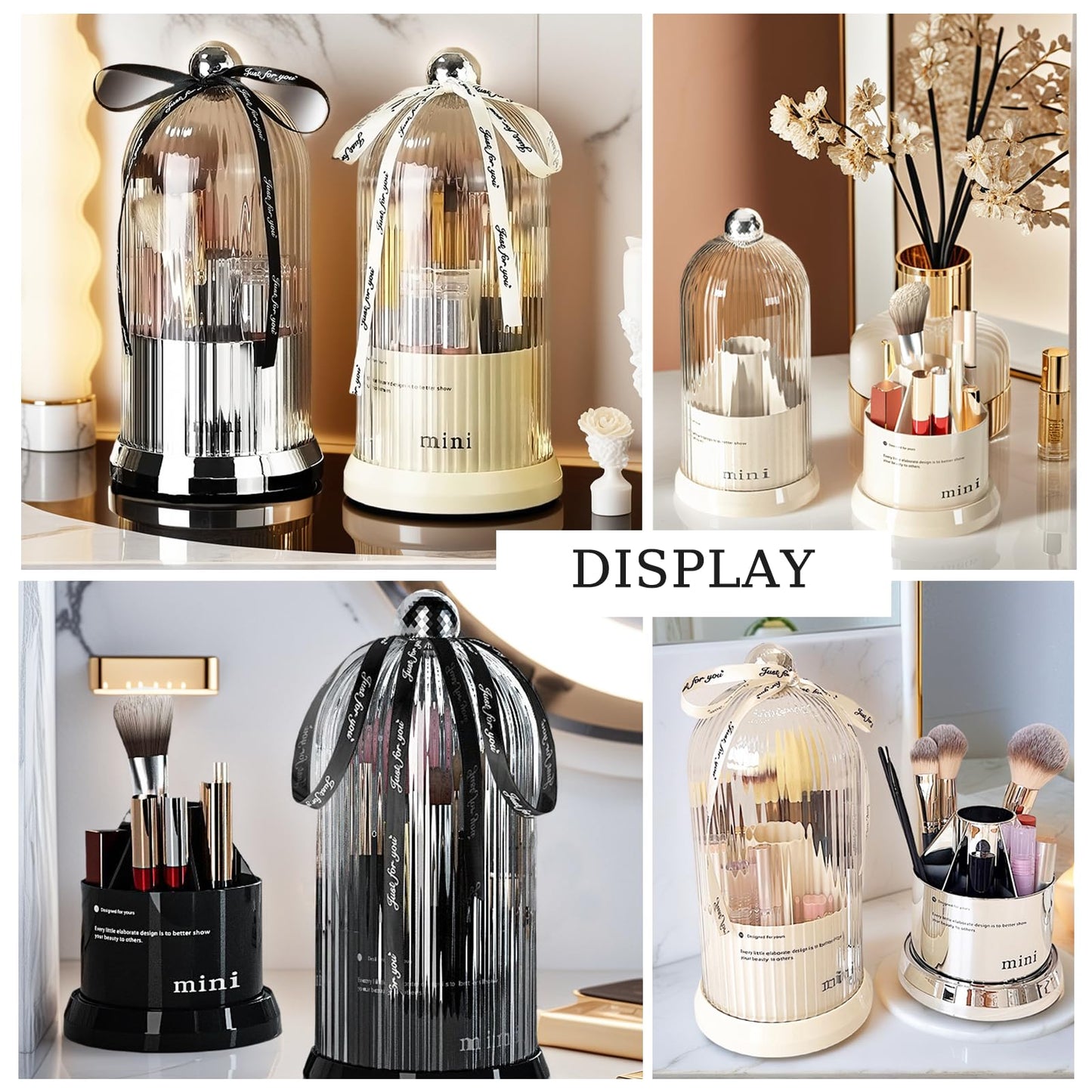 JIANGLAI Makeup Brush Holder with Lid, 360° Rotating Multifunction Clear Dustproof Skincare Cosmetic Tools Storage Organizer for Vanity Desktop Bathroom Countertop (White)