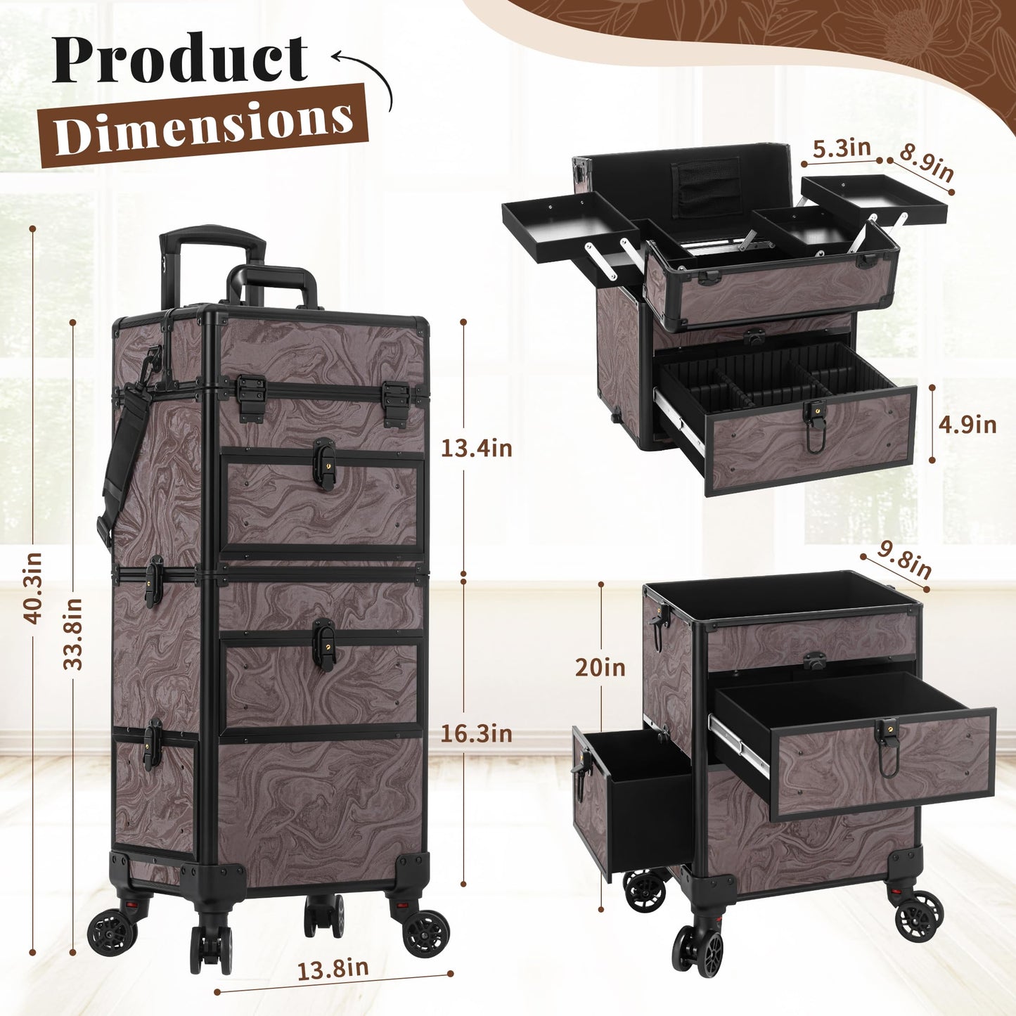AROUS Rolling Makeup Case with 3 Drawers, Cosmetology Case on Wheels 5 IN 1 Makeup Train Case Make Up Organizer for Artist Salon Nail Teach Trunk,Ink Brown