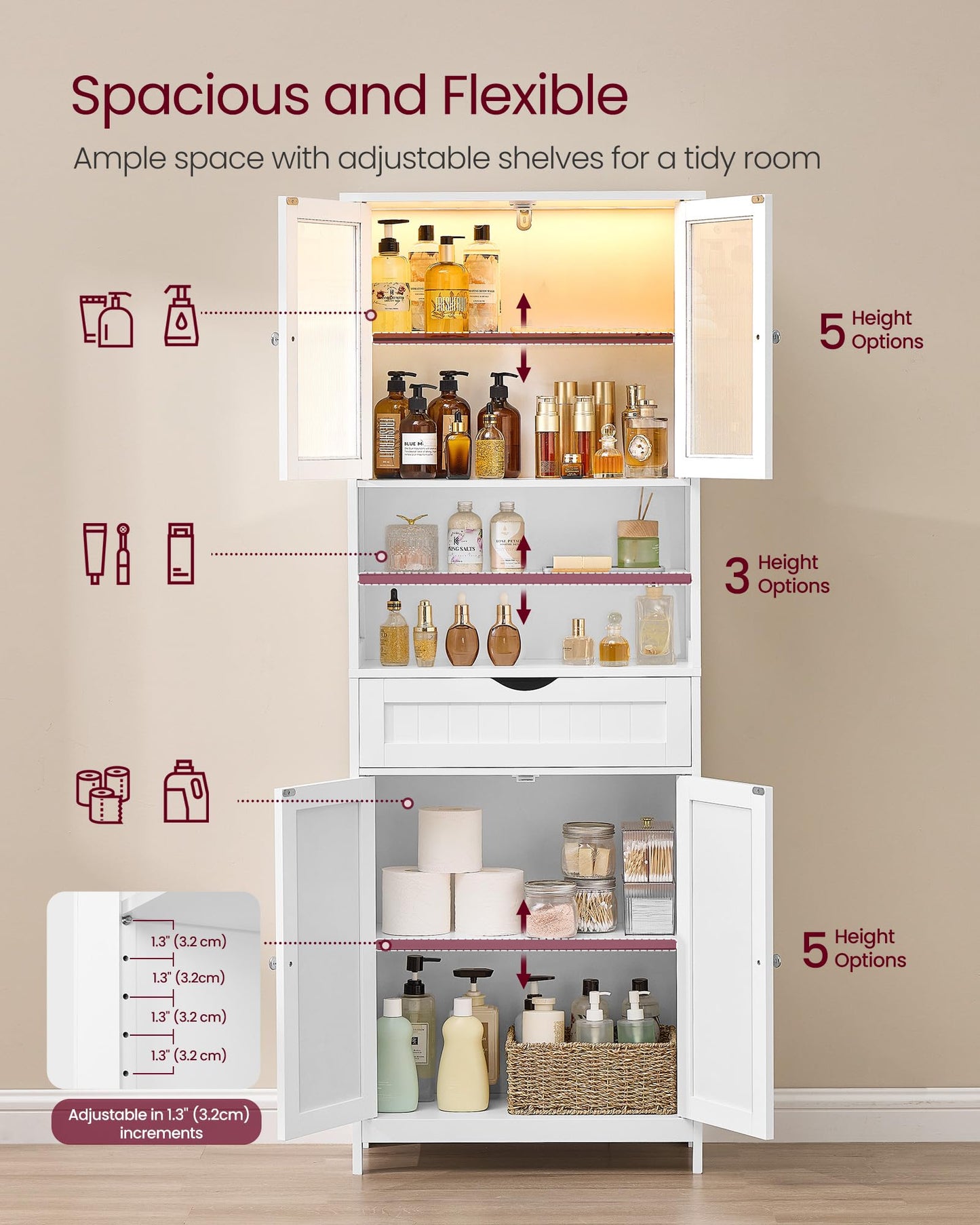 VASAGLE Storage Cabinet with LED Lights, Freestanding Storage Unit with Adjustable Shelves, Drawer, Open Compartments, for Bathroom, Living Room, Kitchen, Cloud White UBBC767WH01S