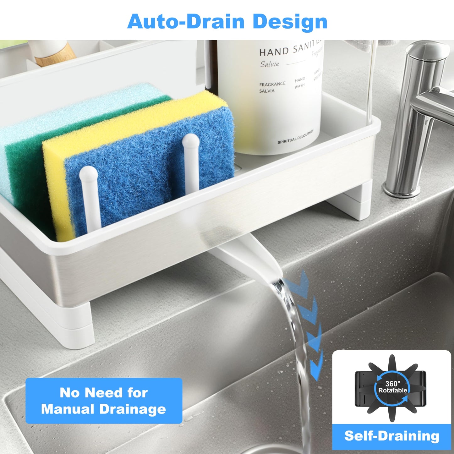 Ouletoy Kitchen Sink Caddy Organizer, Stainless Steel Sponge Holder, Kitchen Caddy Sink Organizer with Dish Brush Holder and Dishcloth Rack, Rustproof Dish Sponge Drying Rack for Countertop Storage