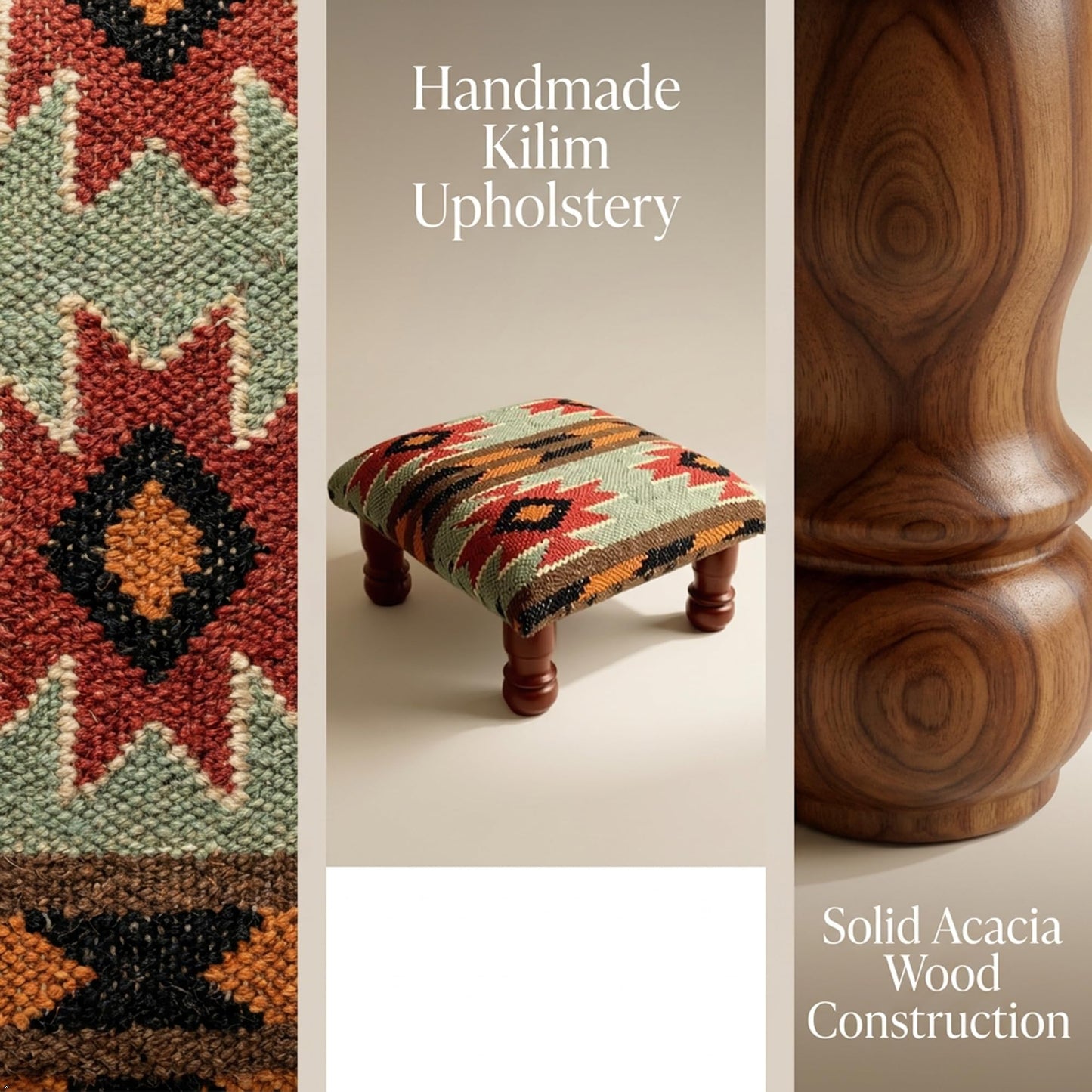 Sanwariya Rugs Kilim Upholstered Ottoman Foot Bench Acacia Wood Tribal Pattern
