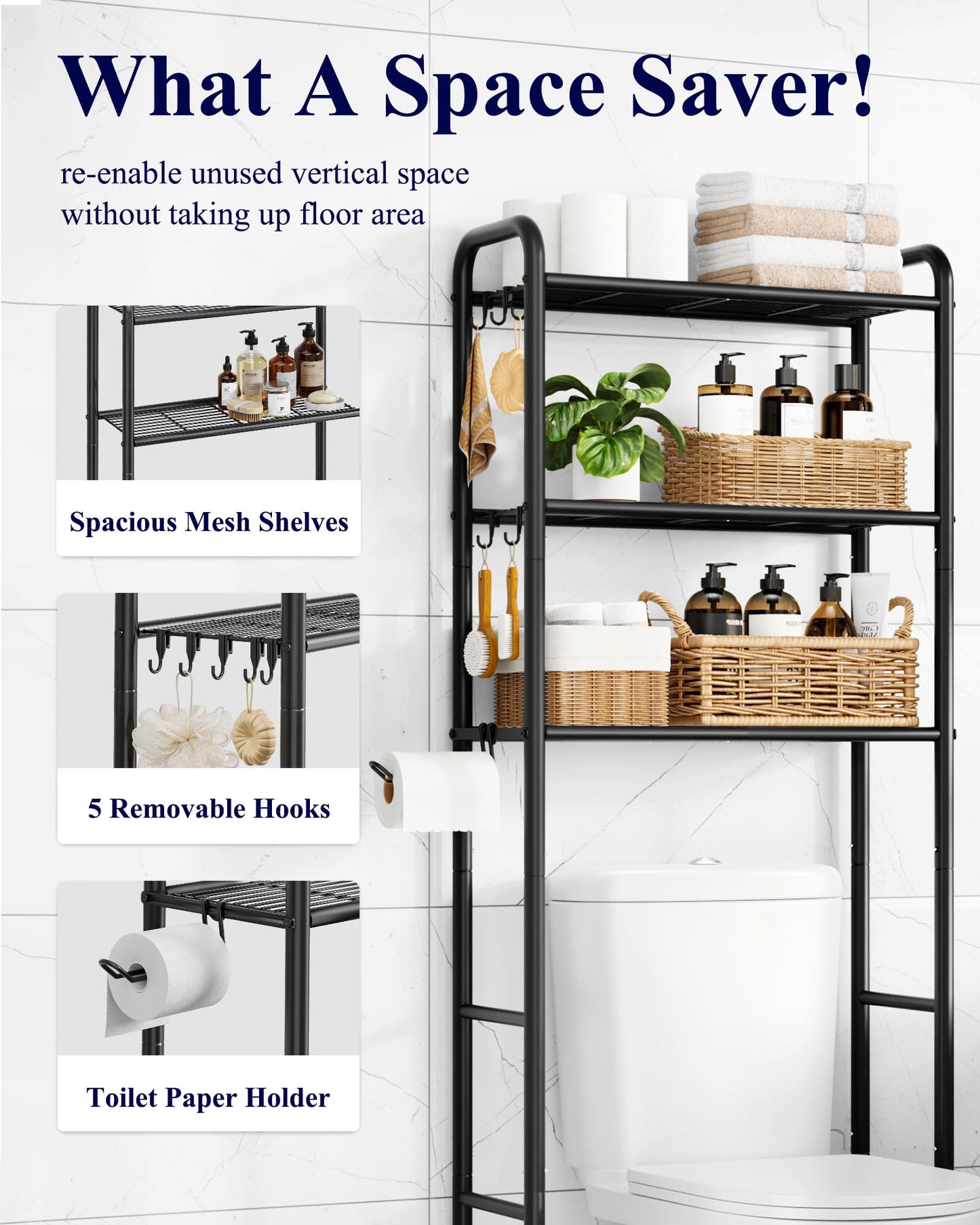 Kitsure Over Toilet Storage Rack - Metal Over Toilet Bathroom Organizer Shelf, Over the Toilet Storage Cabinet with Paper Holder and Hooks, Bathroom Cabinet for Laundry, Black, 3 Tiers (63.2" H)