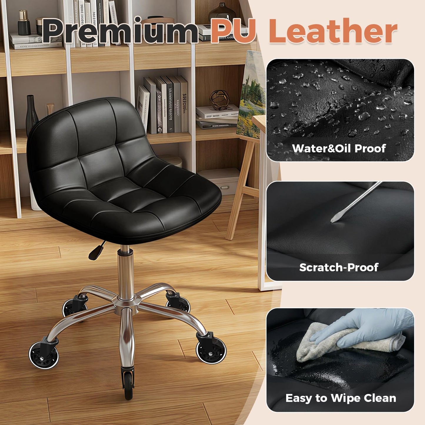 Rolling Stool Chair with Wheels, Height Adjustable Stool with Back Support, Office Drafting Chair with PU Leather Cushion for Home Office Kitchen Vanity Salon Garage Tattoo Dentist Esthetician(Black)