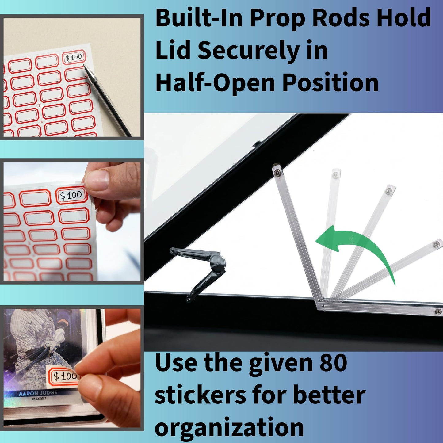 Professional Large Card Display Case (5 Card Riser Bars, Built-in Prop Rod and 80 Stickers) | 34 x 22 inches | Tabletop TradeShow Display Case for Sports Cards & Trading Cards | Aluminum Frame -Silver