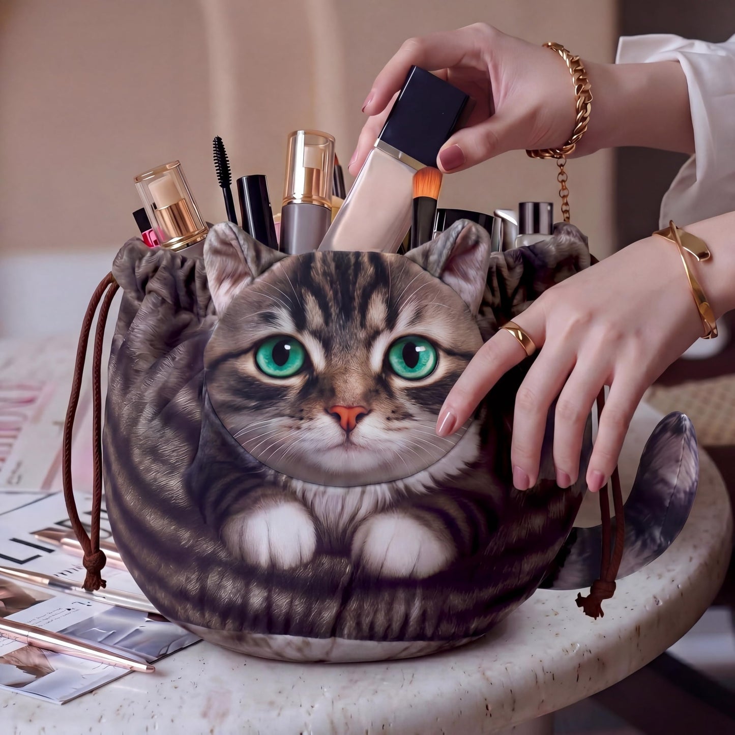 Tallew 3 Pcs Cat Drawstring Makeup Bag Large Capacity Cute Funny Cat Gifts Dormitory Cosmetic Bag for Women Portable Travel Pouch Toiletry Organizer for Birthday Gifts for Cats Lovers