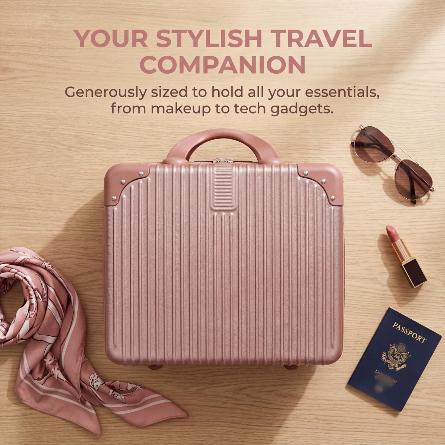 Acshio Hard Shell Cosmetic Travel Case, 17 Inch Mini Travel Hand Luggage with Elastic Band, Portable ABS Carrying Makeup Case Suitcase Train Cosmetic Bag for Travel, Camping, Business Trip