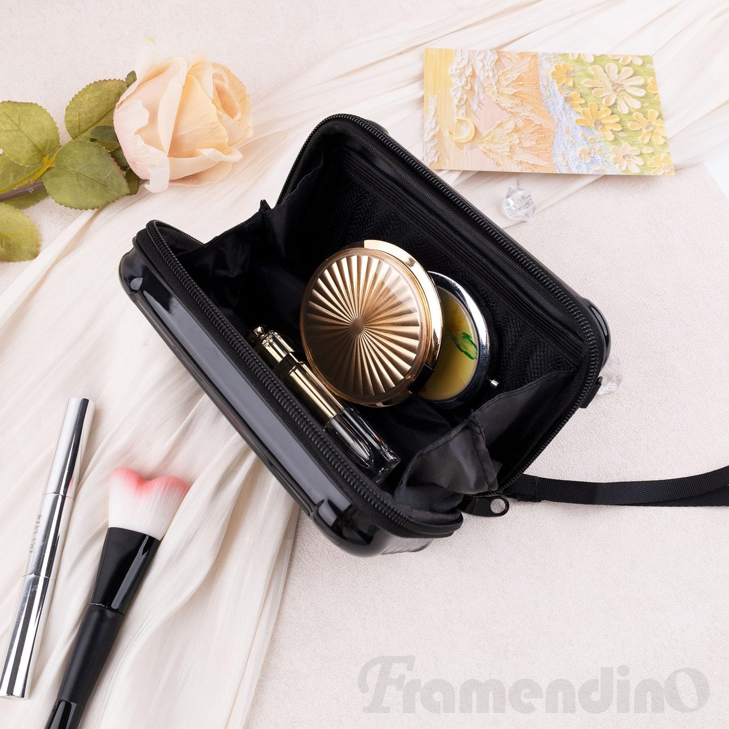 Framendino, Black Hard Shell Cosmetics Case Carrying Bag for Toiletry, Mini Cross Body Suitcase with Detachable Grip Rope and Shoulder Strap Women Travel