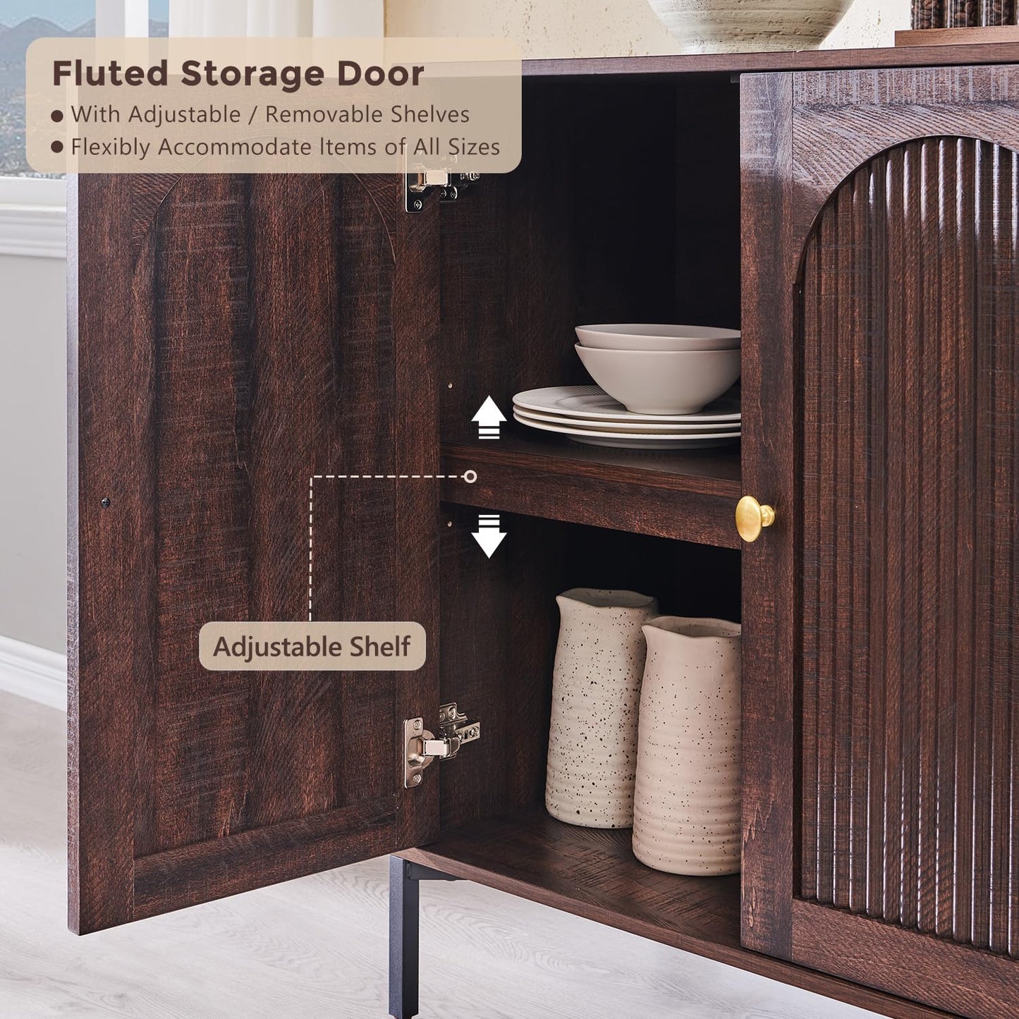 IFGET Modern Buffet Cabinet with Storage, 34" Tall Fluted Arched Sideboard Cabinet w/Adjustable Shelves, Wooden Modular Coffee Bar for Dining Room, Kitchen, Living Room, Entryway, Brown