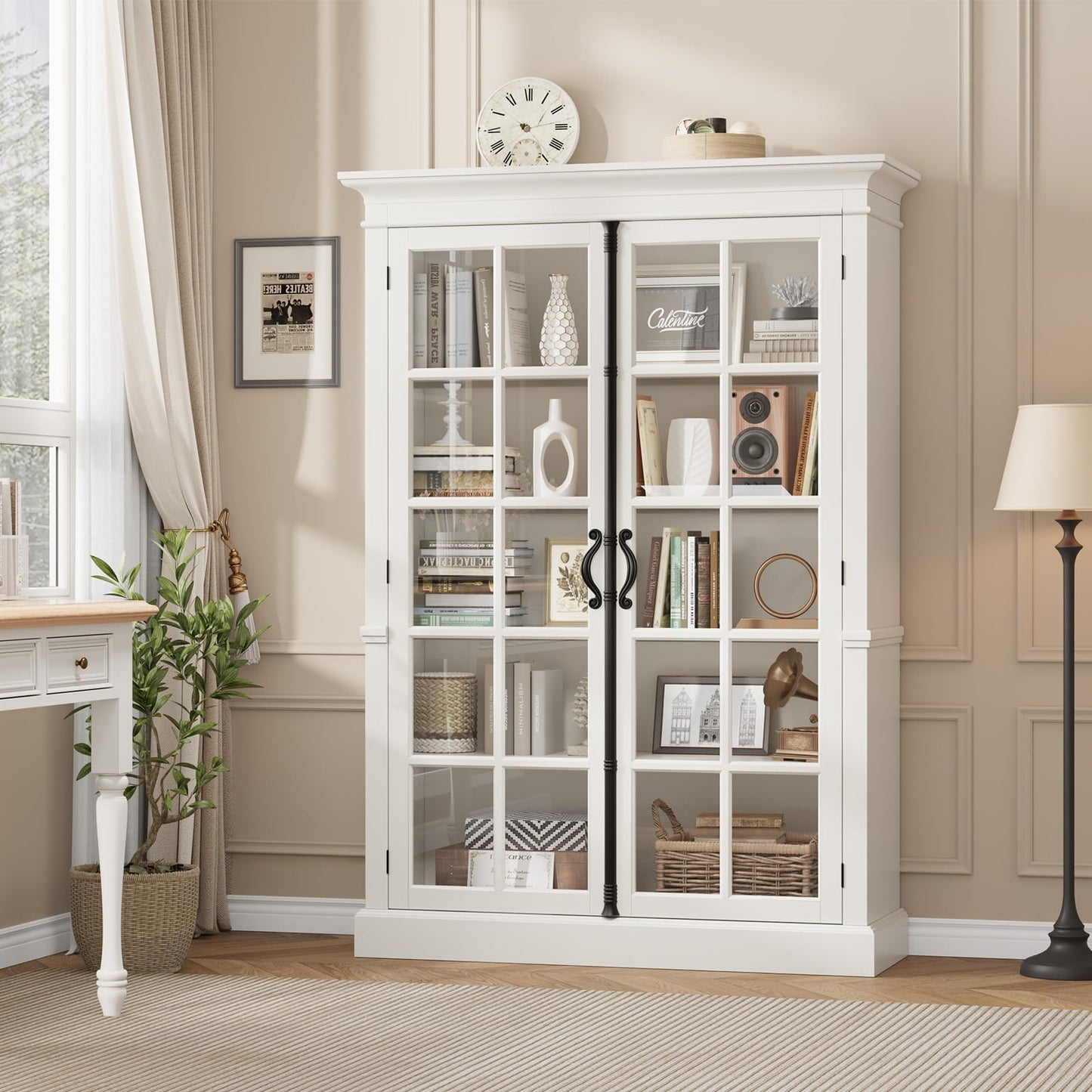QUW Modern 65" Display Cabinet, 5-Tier Bookcase with Tempered Glass Door, Farmhouse Curio Cabinet with Adjustable Shelves, Tall Storage Cabinet for Office, Kitchen, Living Room, White
