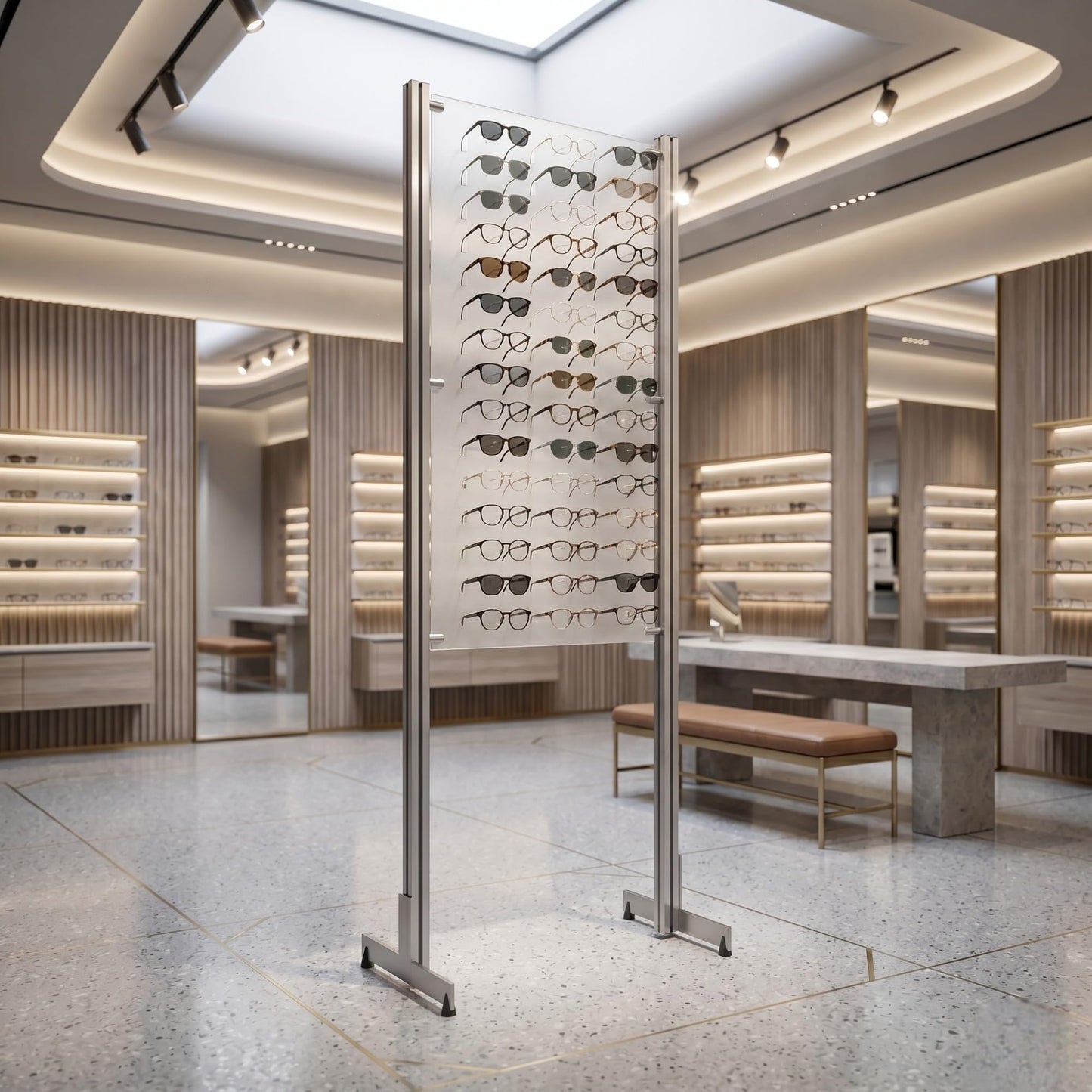 Open Optical Frame Display – Freestanding Floor Top Rack – Aluminum & Acrylic – Optical Retail Sunglass Store (Polar-White, 45 Frame Capacity)