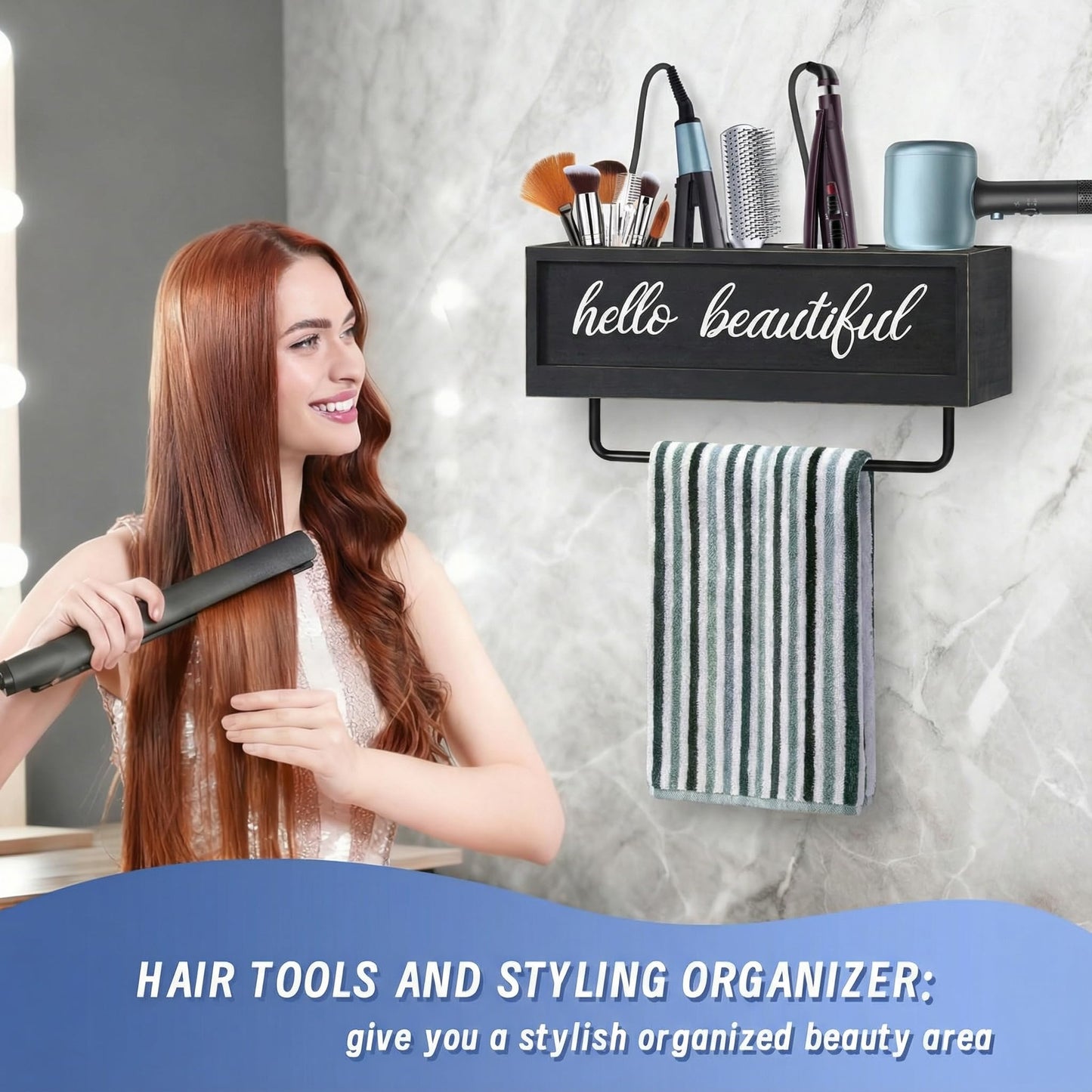 CusUnik Hair Dryer Holder Wall Mounted, Hair Tools and Styling Organizer with Towel Bar, Farmhouse Beauty Hair Appliance Holder for Flat Iron, Curling Wand, Towel Rack (Black)