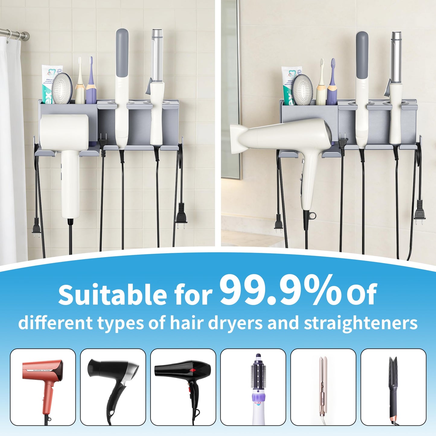 BOIVSHI Blow Dryer Holder, 2 Installation Methods (Adhesive & Screws) Hair Dryer Holder Wall Mounted, Metal Hair Tool Organizer for Curling Iron, Straightener, Bathroom Wall Organizer, Gray