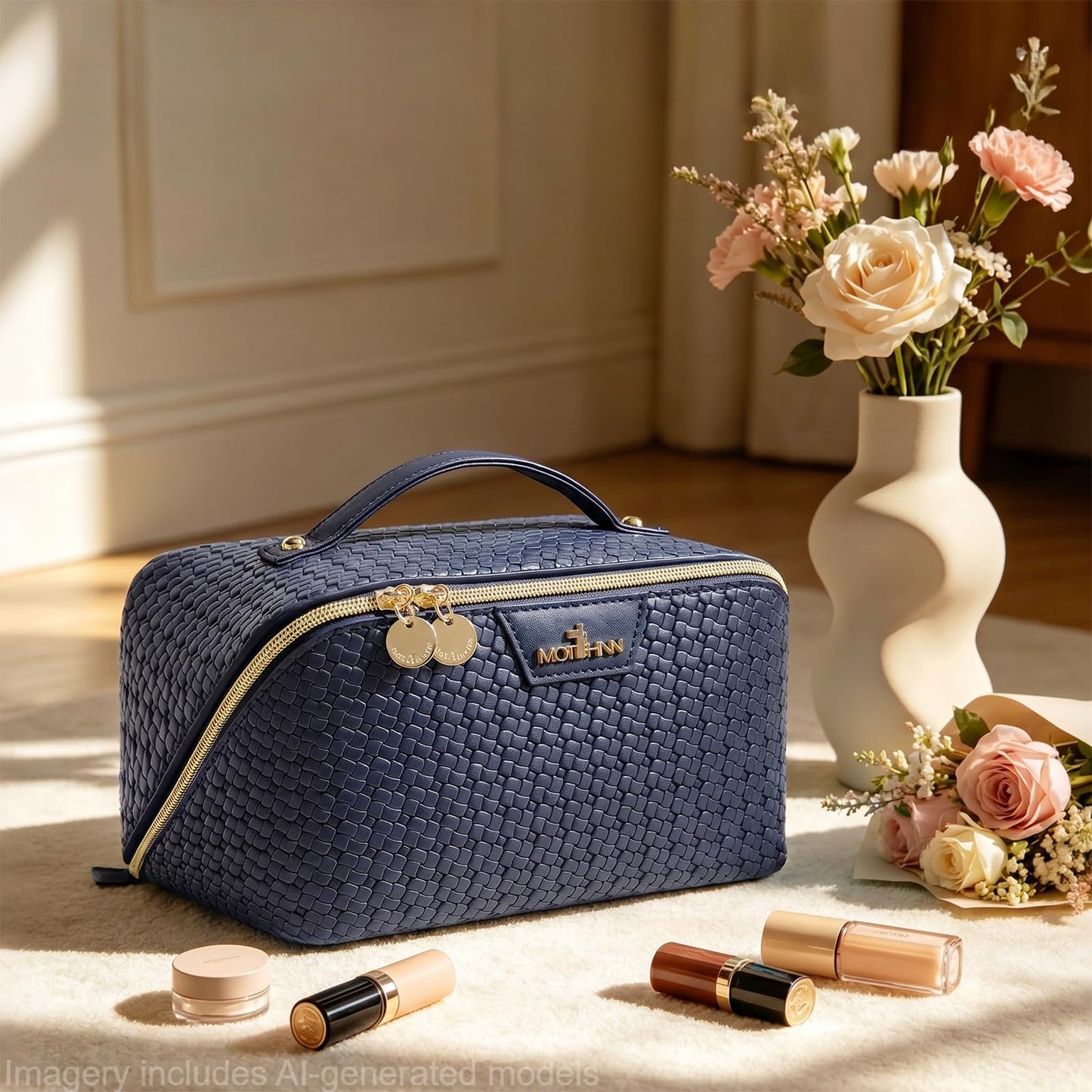 Travel Makeup Bag for Women: 3 Pcs Set Cosmetic Bags for Women - Large Capacity Vagen Leather Hand-made for Toiletry Organizer - Waterproof Ladies Travel Flat Open Essentials for Luxury (02Blue)