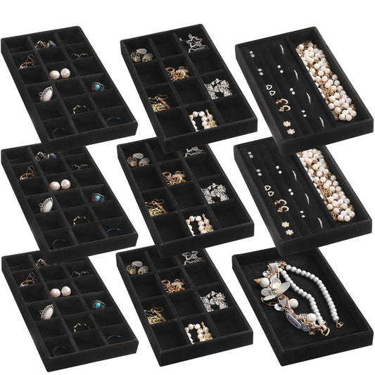 Frebeauty Jewelry Organizer Tray,Stackable Velvet Jewelry Trays,Drawer Inserts Earring Organizer For Women Jewelry Storage Display Case for Rings Stud Necklaces,Set of 9(Black)