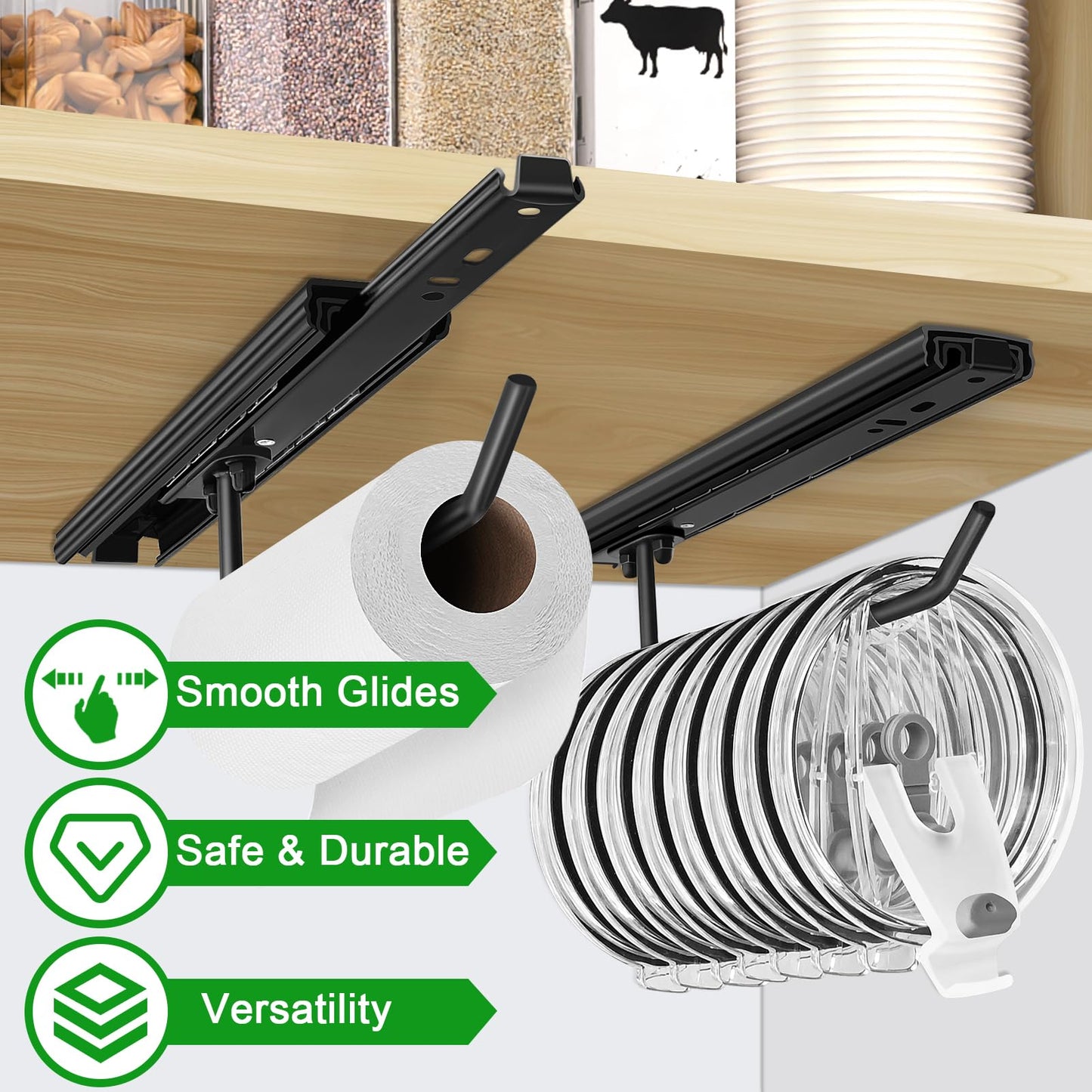 UNIKEYBOX 2 Packs Telescoping Slides Tumbler Lid Organizer Inside Cabinet, Muti Kitchen Hanger for Cup Lid Holder, Drilling Installation for Kitchen Storage Cup Lid Storage Organizer Black