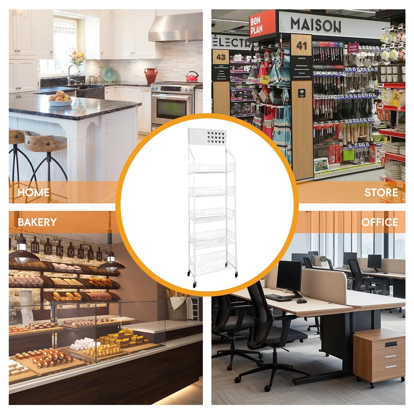 5 Tier Snack Rack Display Stand - Retail Display Shelves with Top Pegboard, 15 Hooks, Bakery Display Rack on Wheels for Easy Mobility and Organization (White)