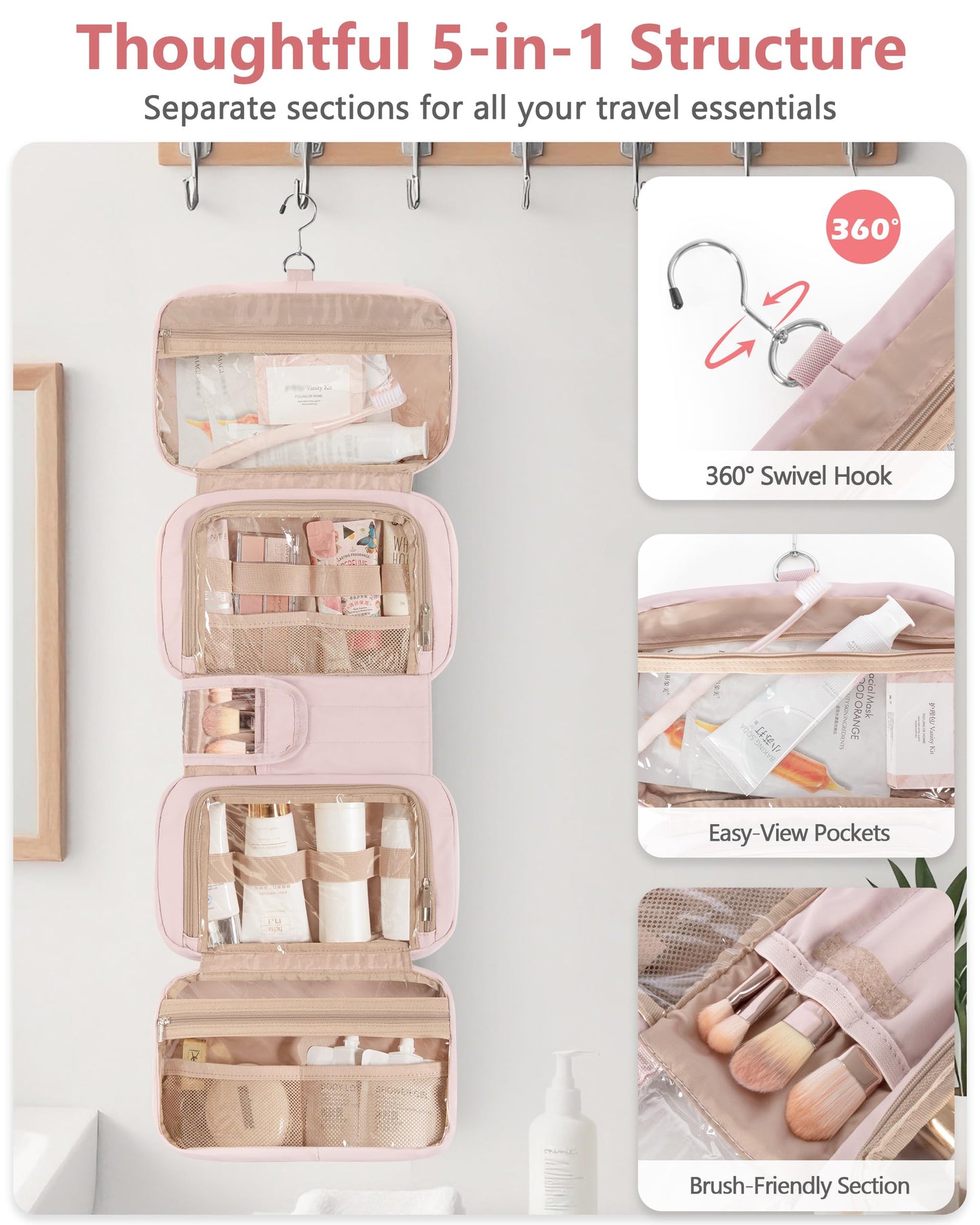Marscamd Travel Toiletry Bag for Women with Hanging Hook, Puffy Makeup Organizer with Brushes Slots for Bathroom, Shower and Beauty Essentials, Pink