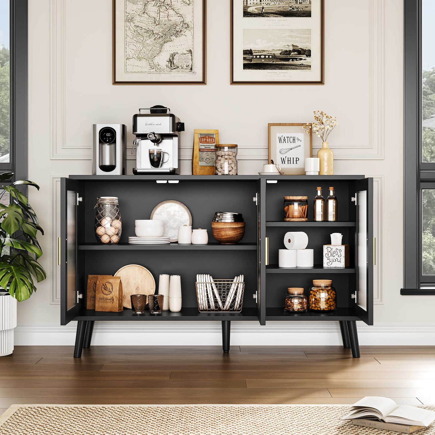Reljofum Buffet Cabinet with Storage, 48" Large Sideboard Cabinet with 3 Fluted Glass Doors, Black Cabinet for Kitchen, Dinning Room, Hallway, Living Room