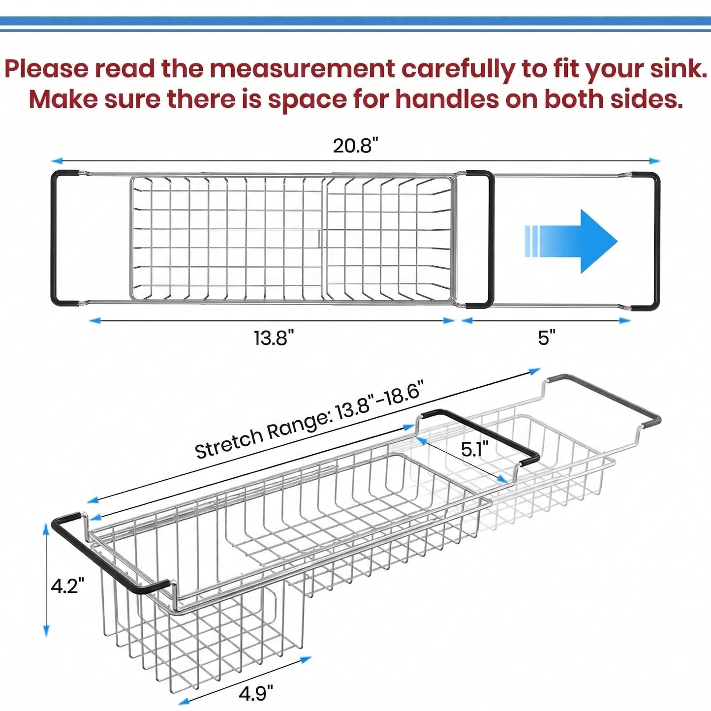 TreeLen Over The Kitchen Sink Caddy Sponge Holder Organizer Drying Rack Expandable for Sponge Brush Soap 13.8" to 20.8", Stainless Steel